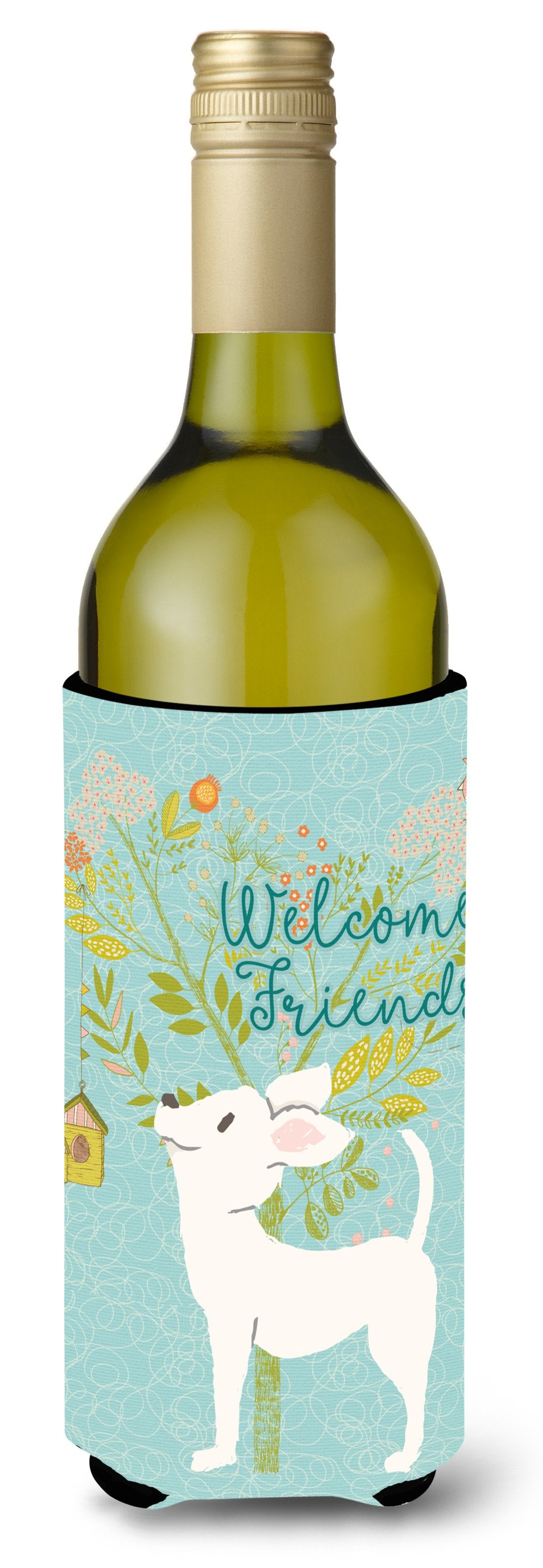 Welcome Friends White Chihuahua Wine Bottle Beverge Insulator Hugger BB7629LITERK by Caroline&#39;s Treasures