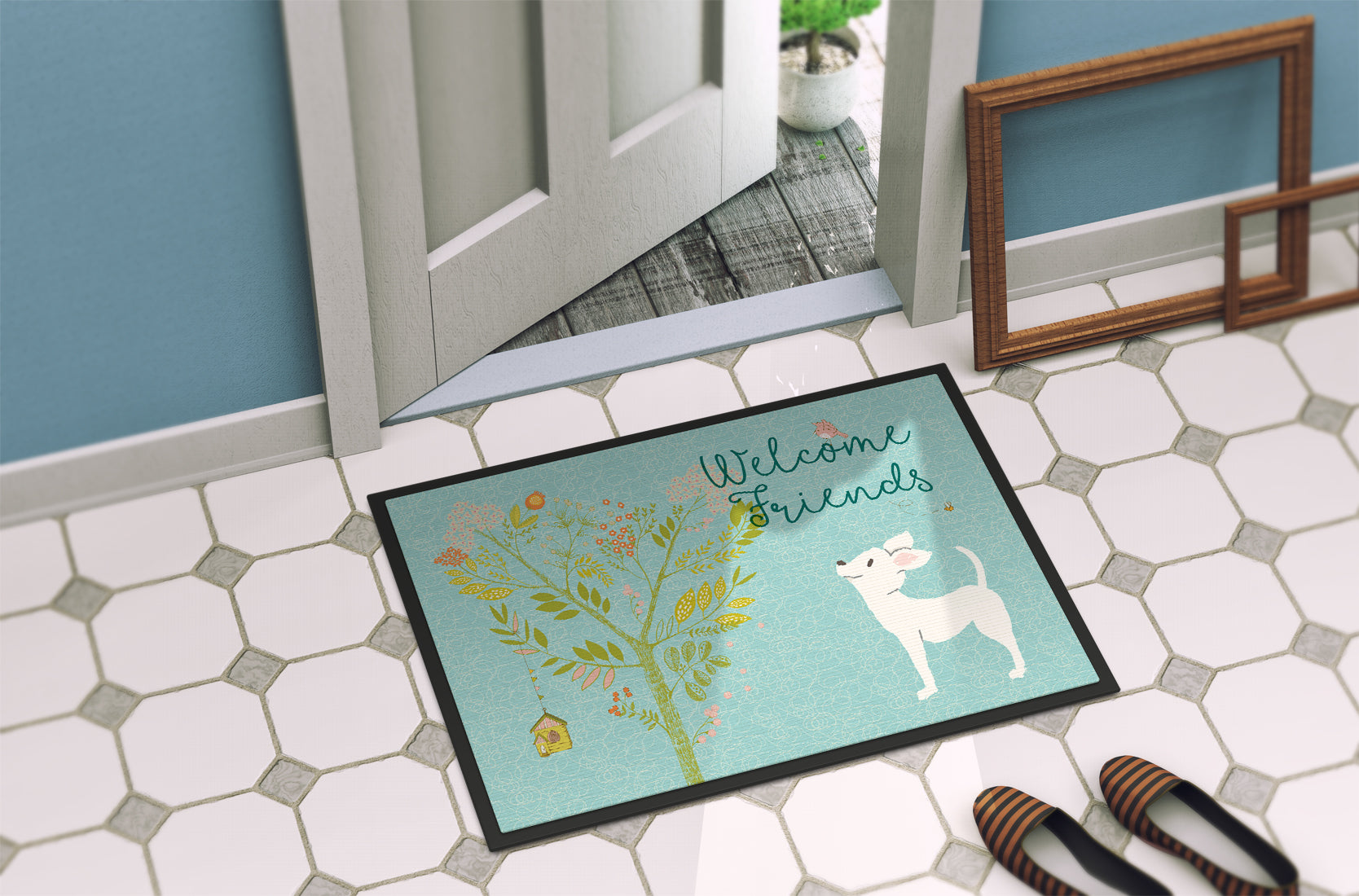 Welcome Friends White Chihuahua Indoor or Outdoor Mat 18x27 BB7629MAT - the-store.com