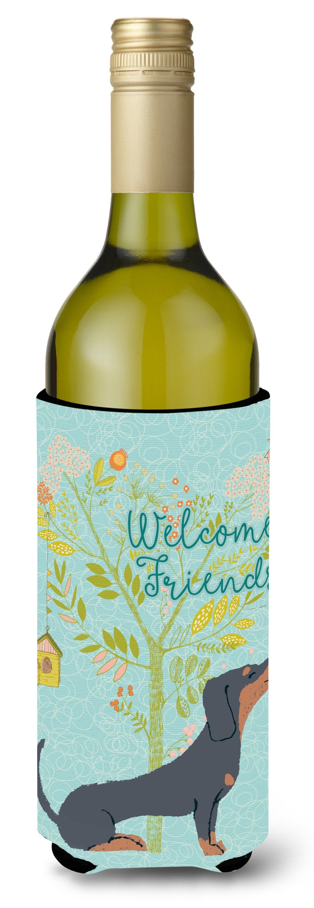 Welcome Friends Black Tan Dachshund Wine Bottle Beverge Insulator Hugger BB7630LITERK by Caroline&#39;s Treasures