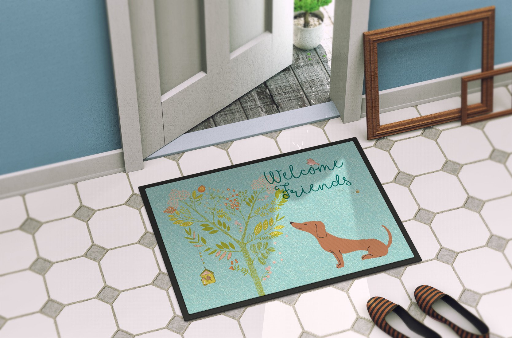 Welcome Friends Red Dachshund Indoor or Outdoor Mat 24x36 BB7631JMAT by Caroline's Treasures