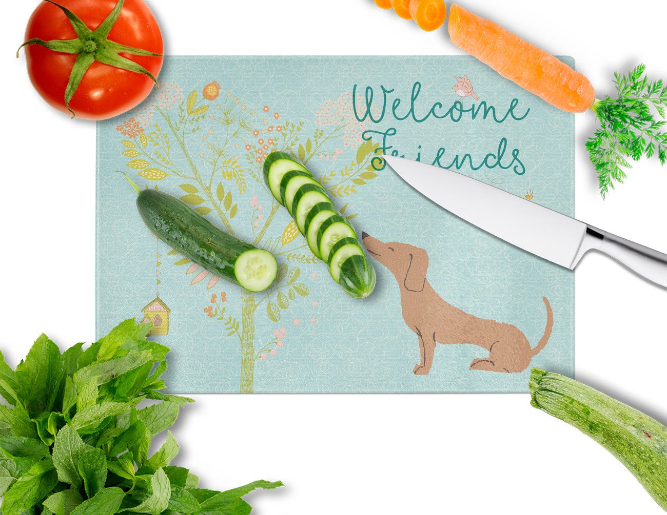 Welcome Friends Red Dachshund Glass Cutting Board Large BB7631LCB by Caroline's Treasures