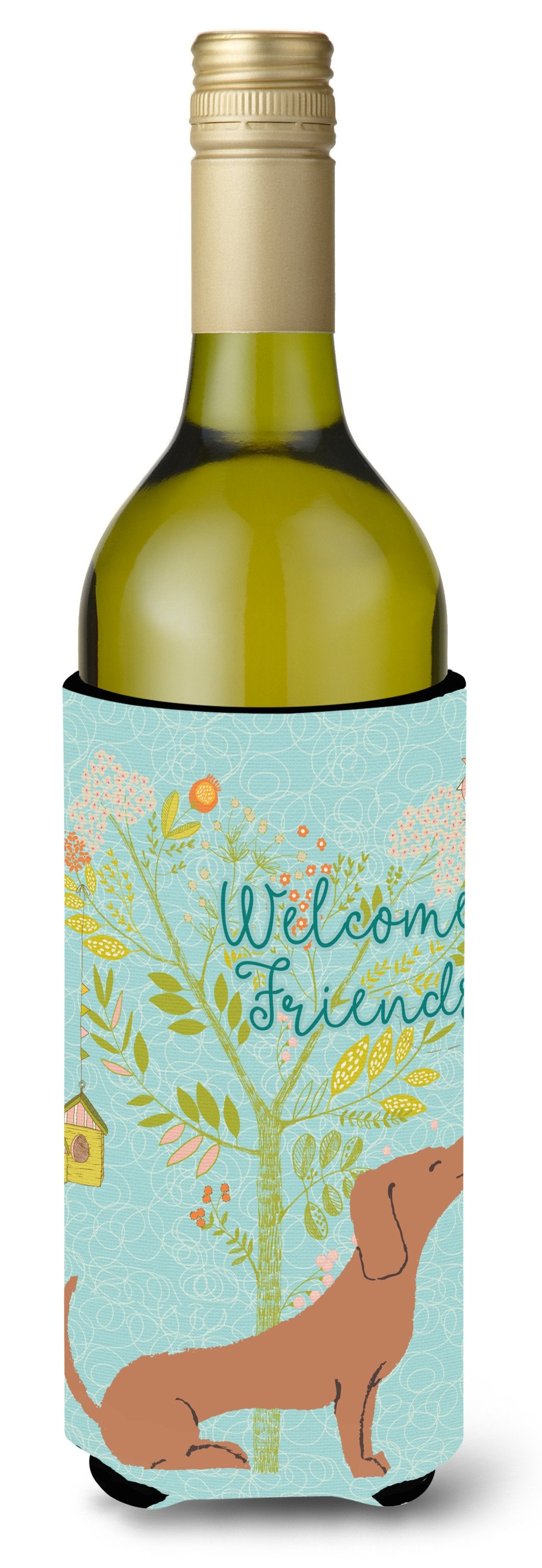 Welcome Friends Red Dachshund Wine Bottle Beverge Insulator Hugger BB7631LITERK by Caroline&#39;s Treasures