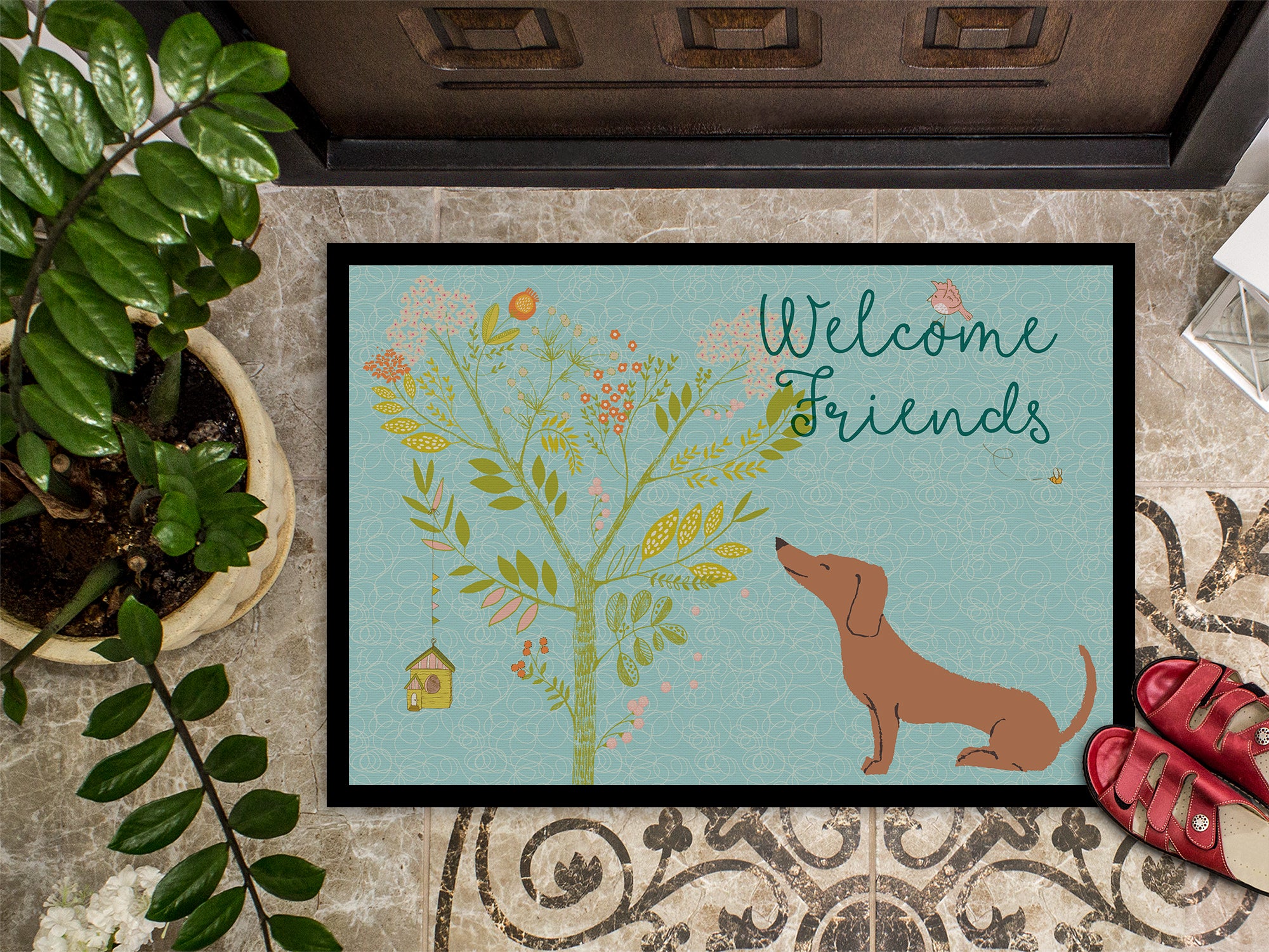 Welcome Friends Red Dachshund Indoor or Outdoor Mat 18x27 BB7631MAT - the-store.com