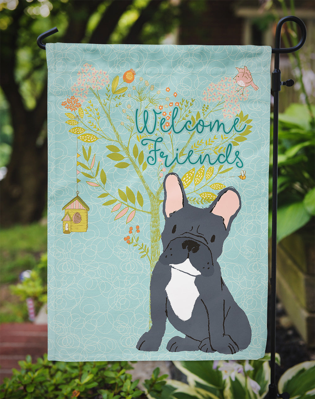 Welcome Friends Black French Bulldog Flag Garden Size BB7632GF  the-store.com.