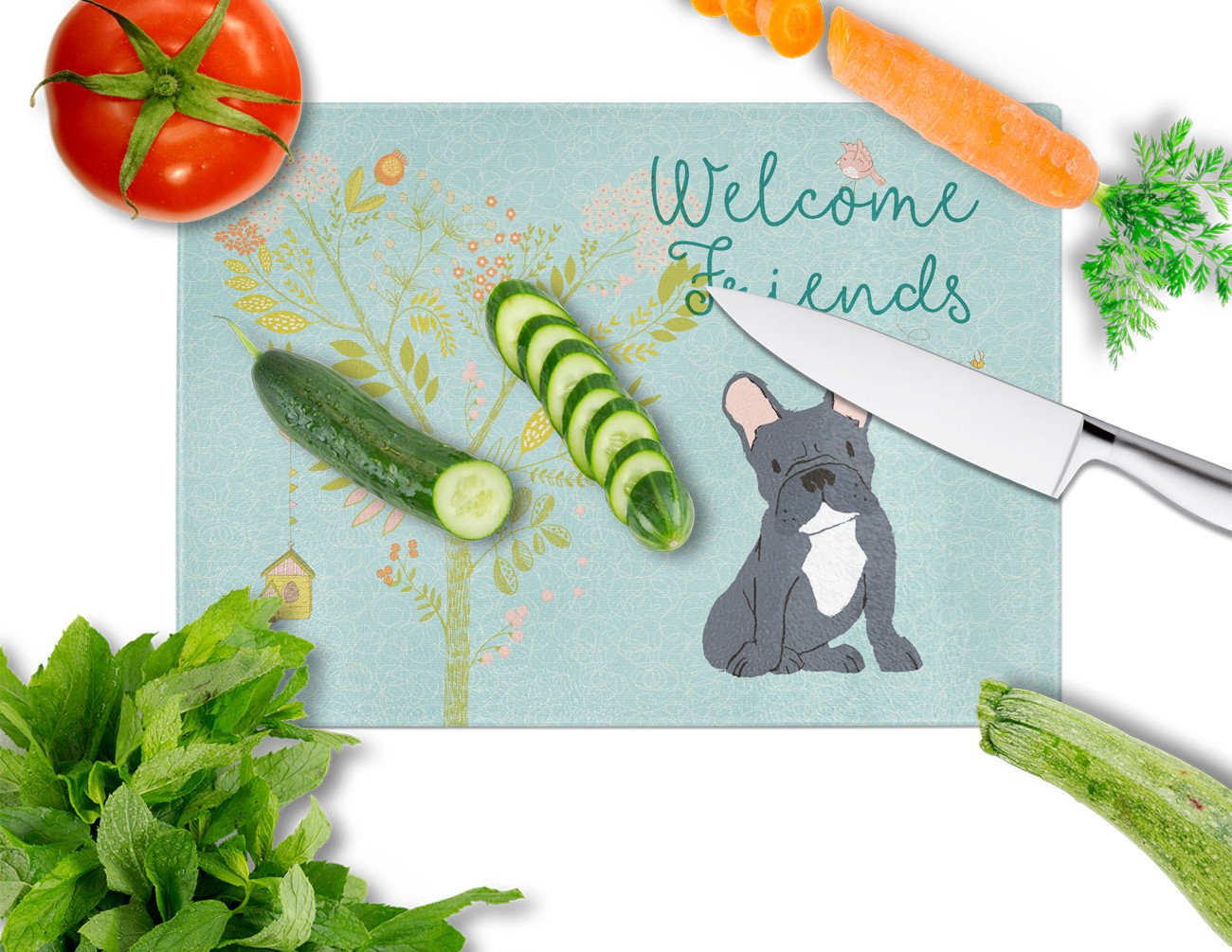 Welcome Friends Black French Bulldog Glass Cutting Board Large BB7632LCB by Caroline's Treasures