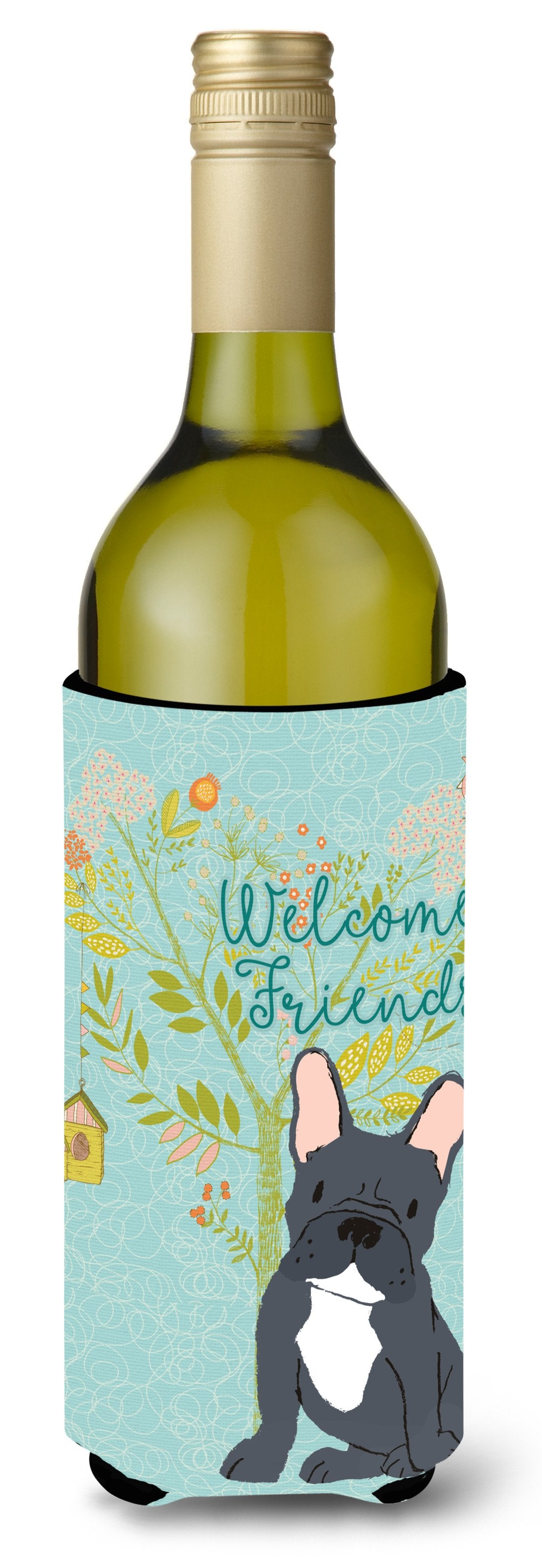 Welcome Friends Black French Bulldog Wine Bottle Beverge Insulator Hugger BB7632LITERK by Caroline&#39;s Treasures