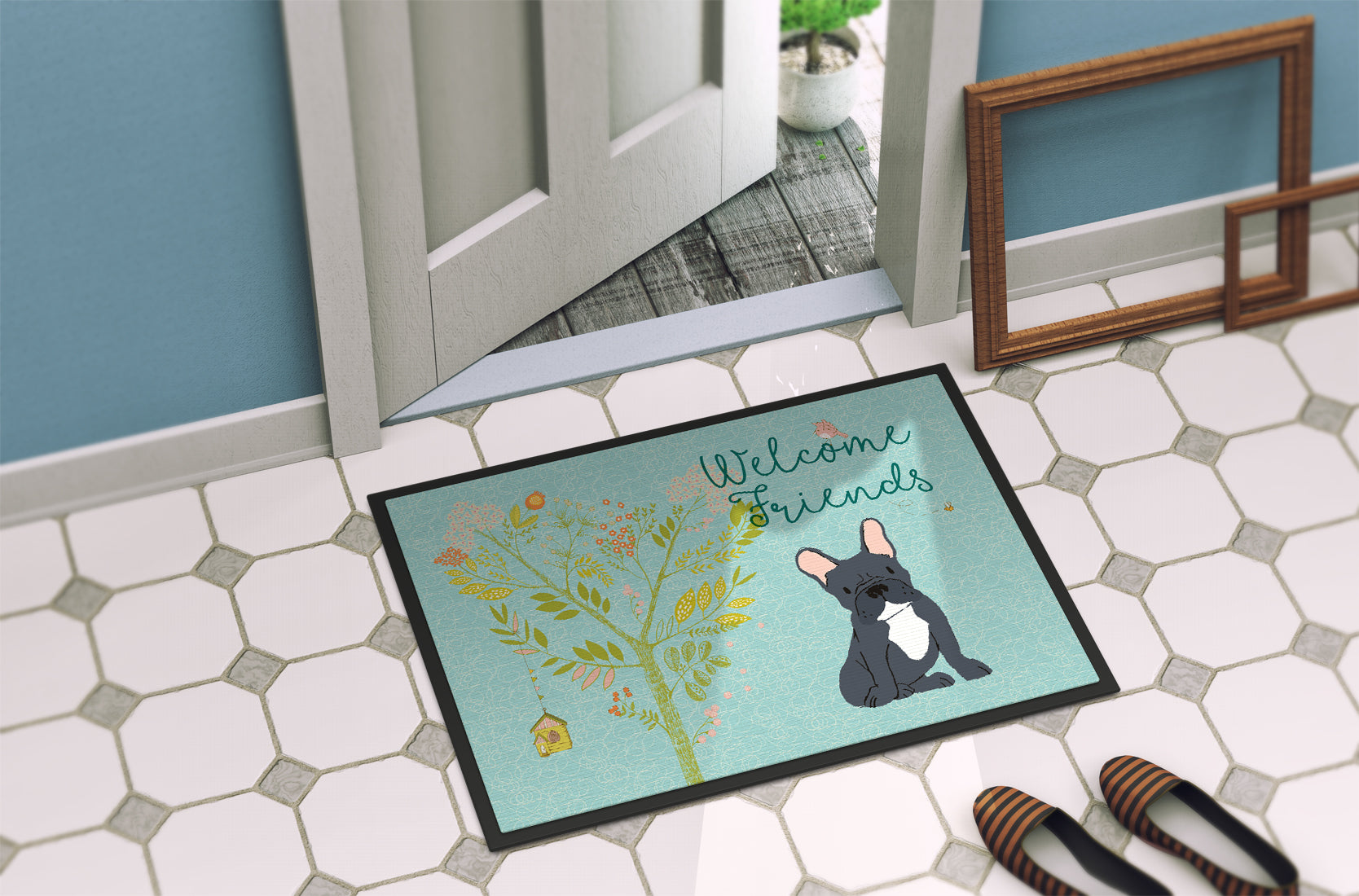 Welcome Friends Black French Bulldog Indoor or Outdoor Mat 18x27 BB7632MAT - the-store.com