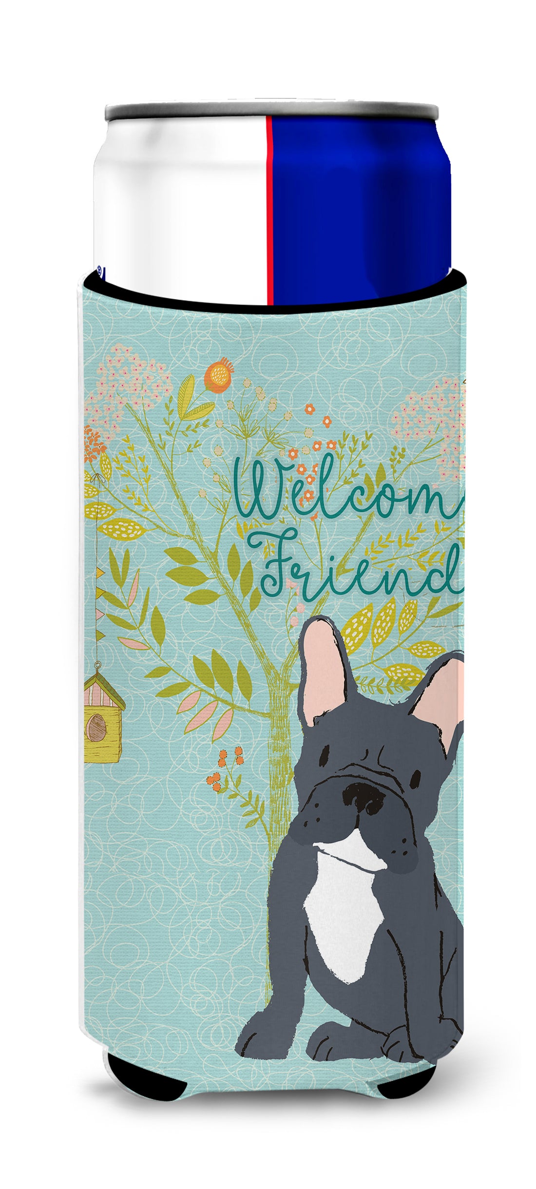 Welcome Friends Black French Bulldog  Ultra Hugger for slim cans BB7632MUK  the-store.com.