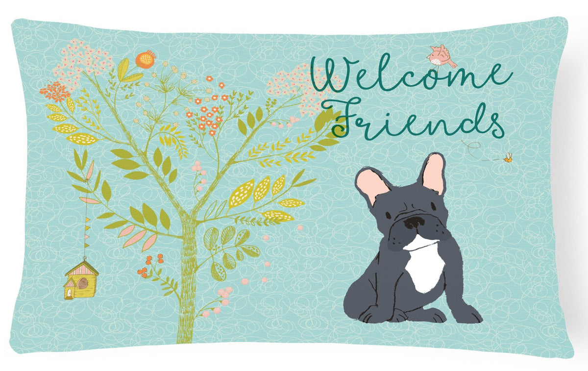 Welcome Friends Black French Bulldog Canvas Fabric Decorative Pillow BB7632PW1216 by Caroline&#39;s Treasures