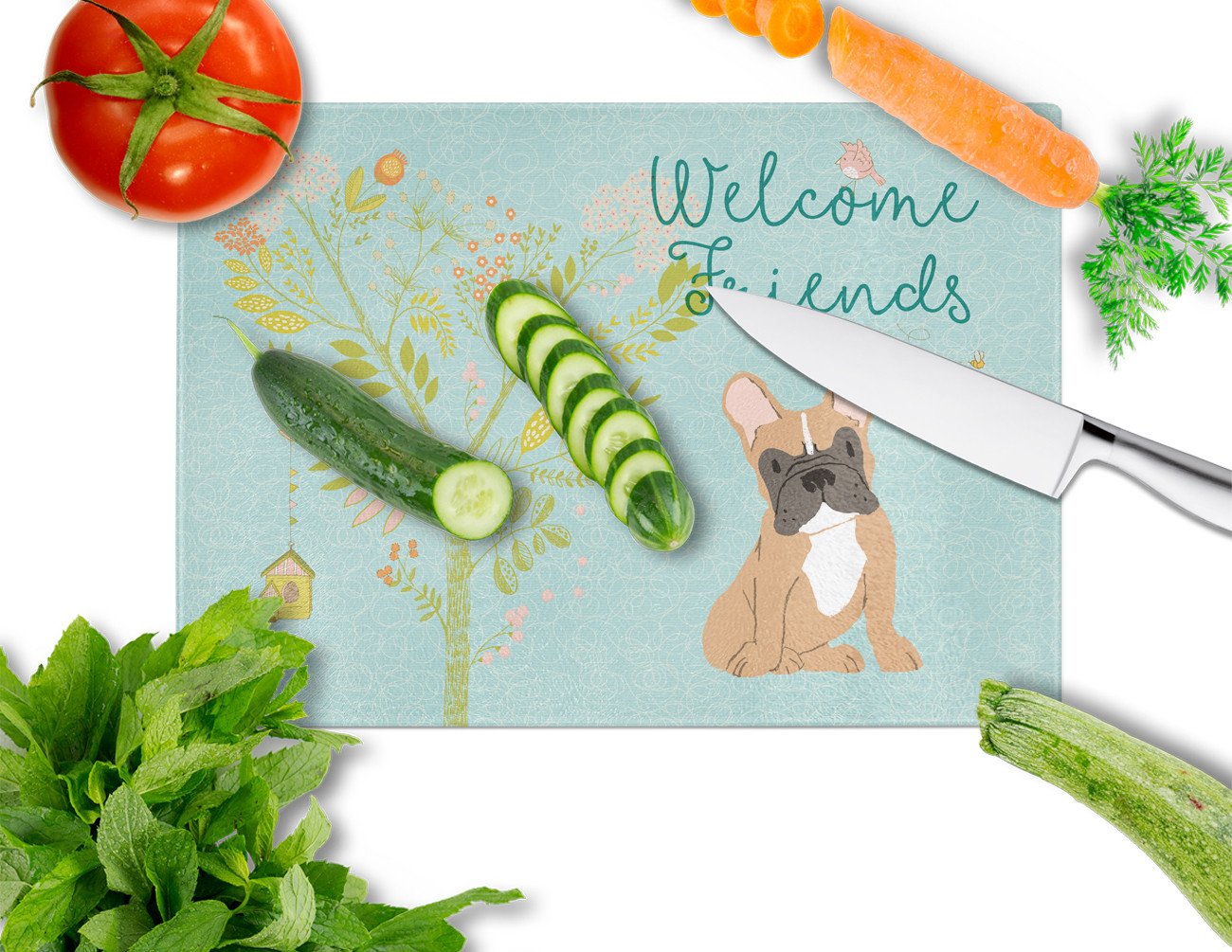 Welcome Friends Fawn French Bulldog Glass Cutting Board Large BB7633LCB by Caroline's Treasures