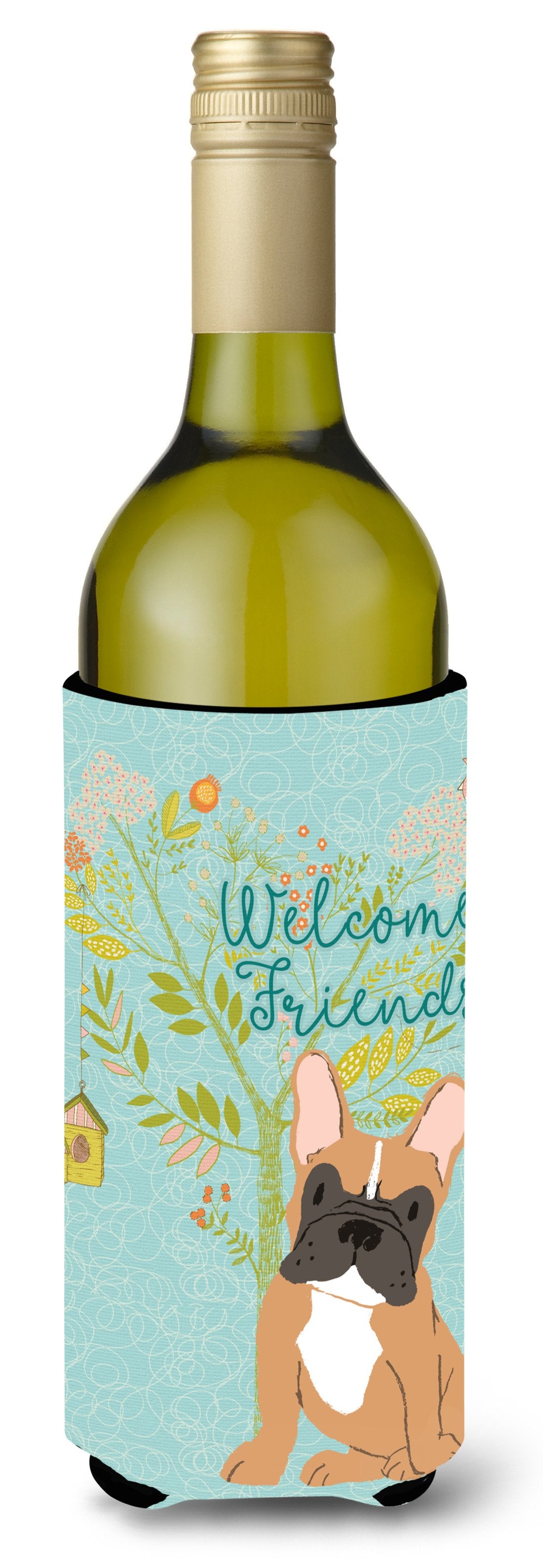 Welcome Friends Fawn French Bulldog Wine Bottle Beverge Insulator Hugger BB7633LITERK by Caroline&#39;s Treasures