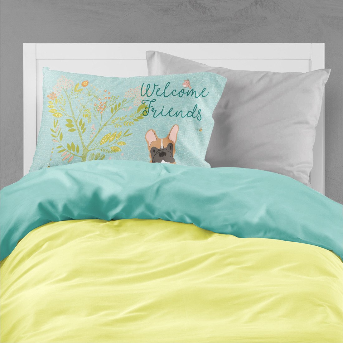 Caroline's Treasures Welcome Friends Fawn French Bulldog Fabric Standard Pillowcase – Artistic Decorative Front, White Back BB7633PILLOWCASE