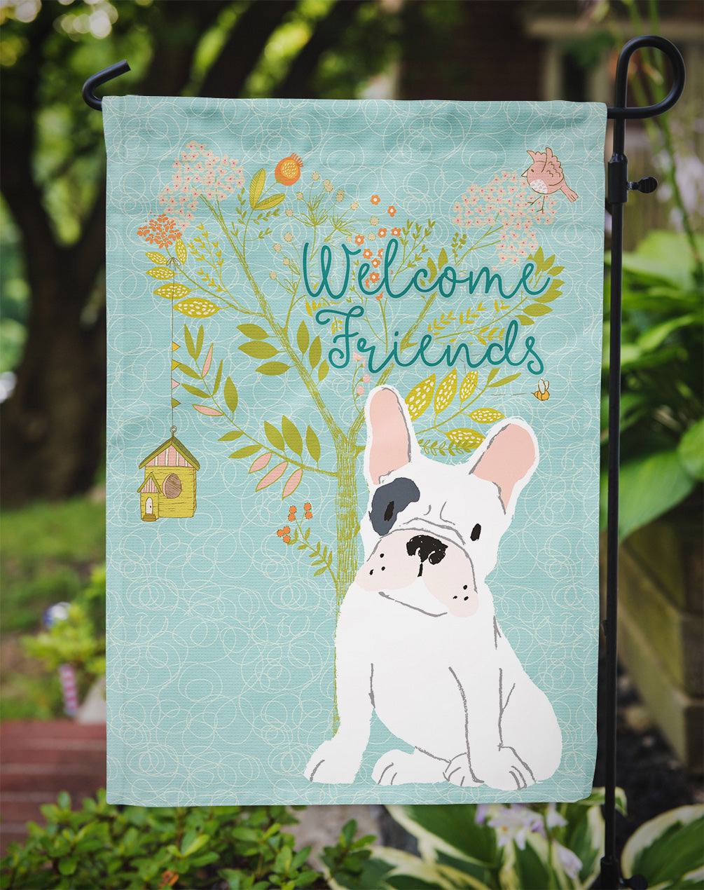 Welcome Friends Piebald French Bulldog Flag Garden Size BB7634GF  the-store.com.