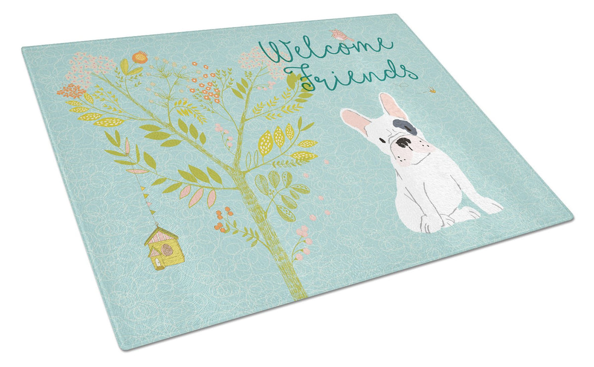 Welcome Friends Piebald French Bulldog Glass Cutting Board Large BB7634LCB by Caroline&#39;s Treasures