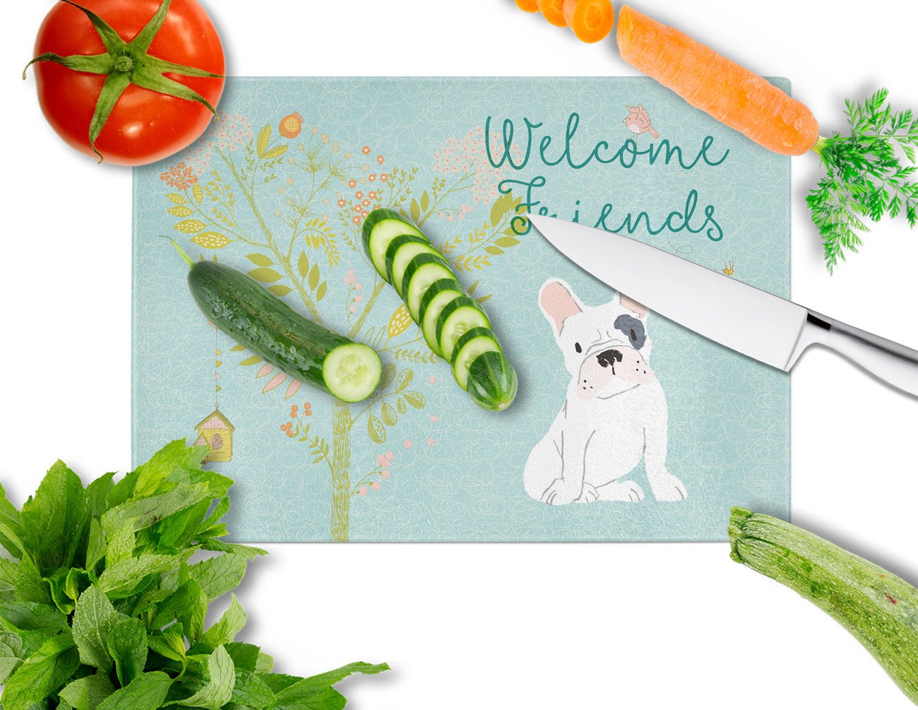 Welcome Friends Piebald French Bulldog Glass Cutting Board Large BB7634LCB by Caroline's Treasures
