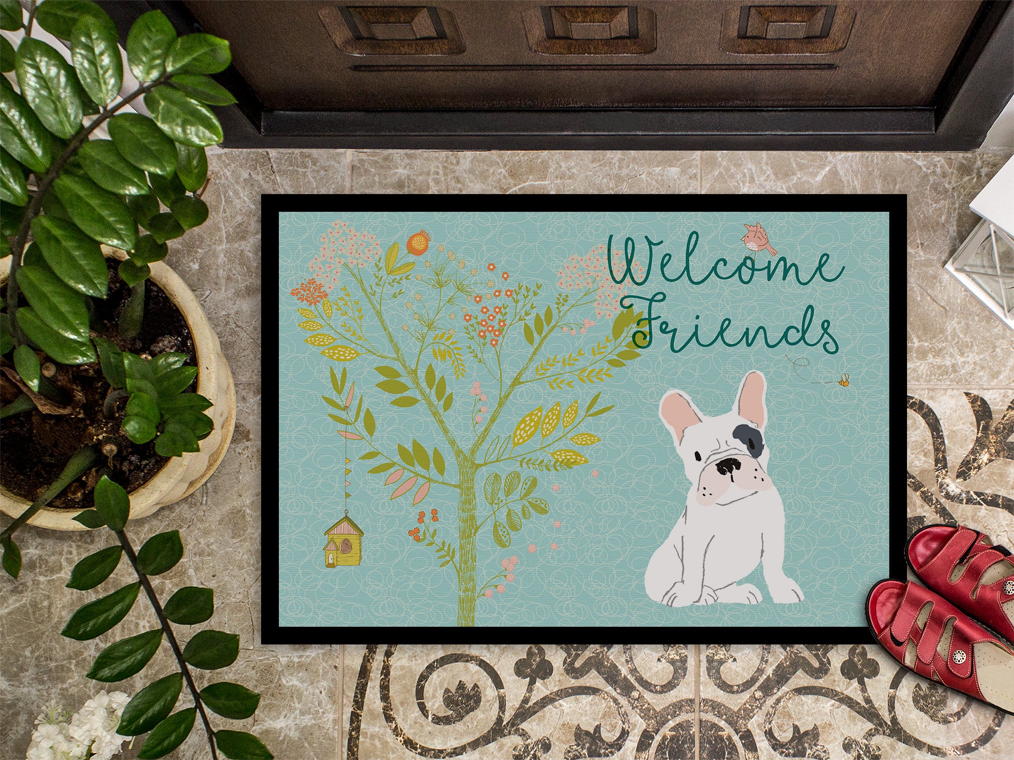 Welcome Friends Piebald French Bulldog Indoor or Outdoor Mat 18x27 BB7634MAT - the-store.com