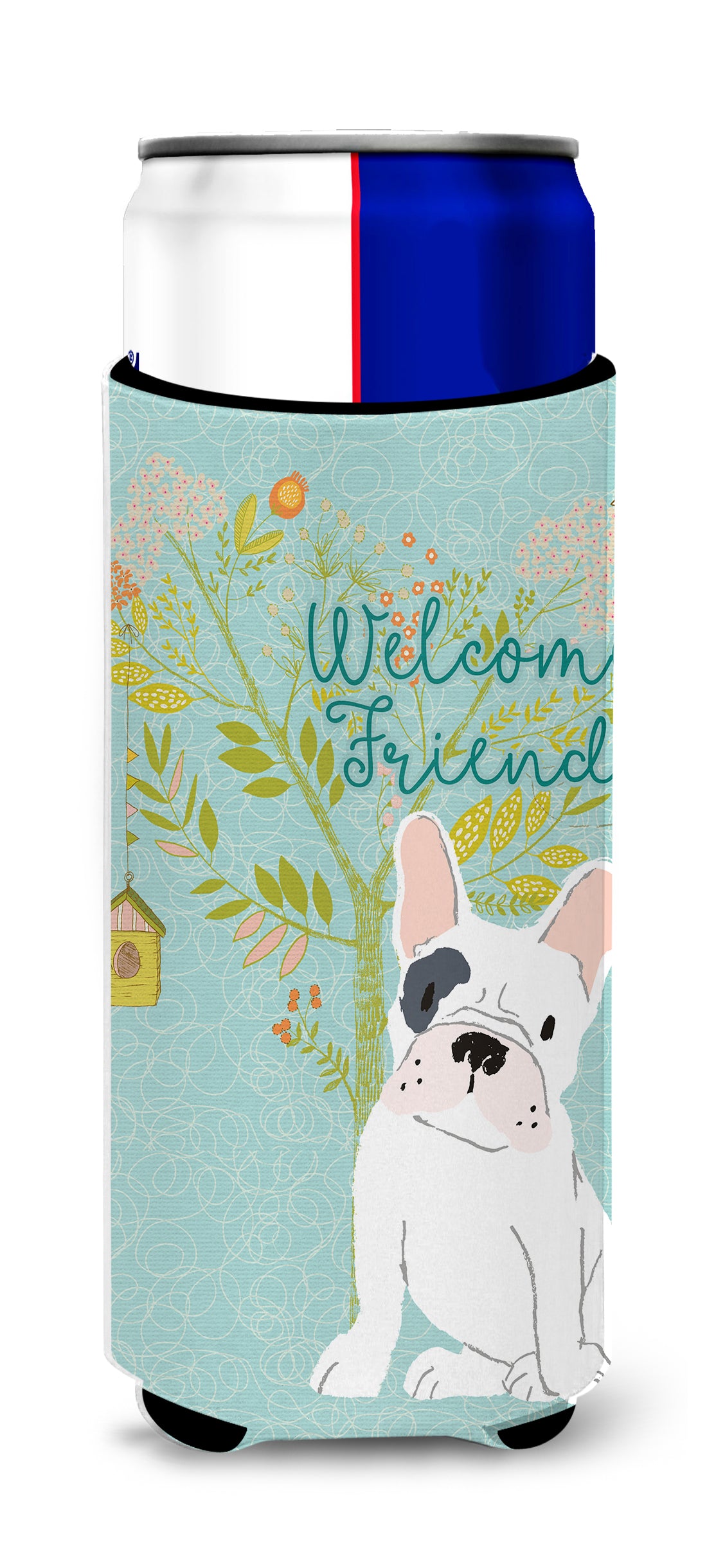 Welcome Friends Piebald French Bulldog  Ultra Hugger for slim cans BB7634MUK  the-store.com.