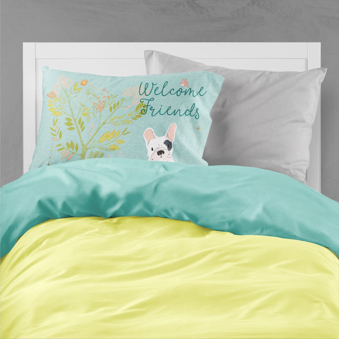 Caroline's Treasures Welcome Friends Piebald French Bulldog Fabric Standard Pillowcase – Artistic Decorative Front, White Back BB7634PILLOWCASE