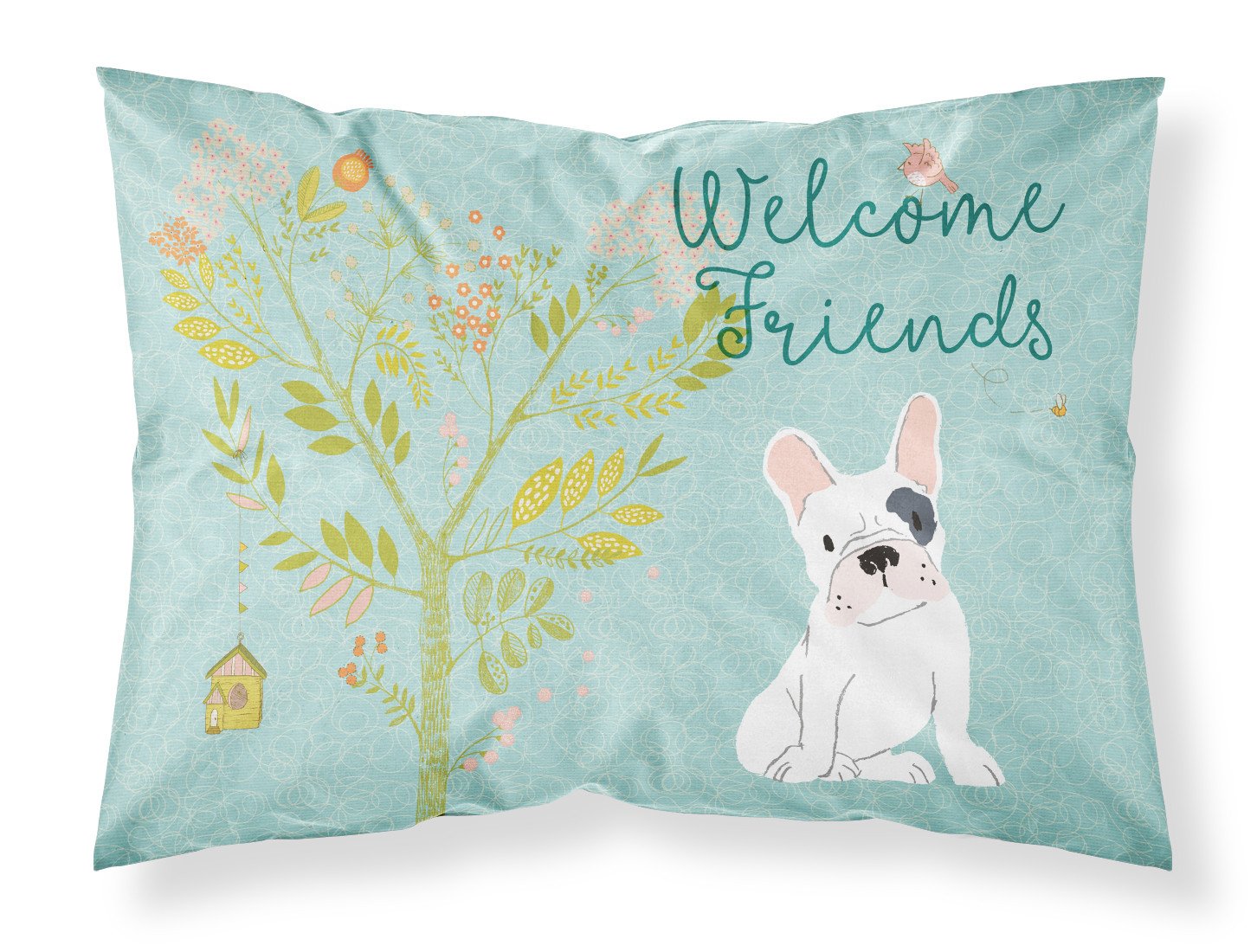 Caroline's Treasures Welcome Friends Piebald French Bulldog Fabric Standard Pillowcase – Artistic Decorative Front, White Back BB7634PILLOWCASE