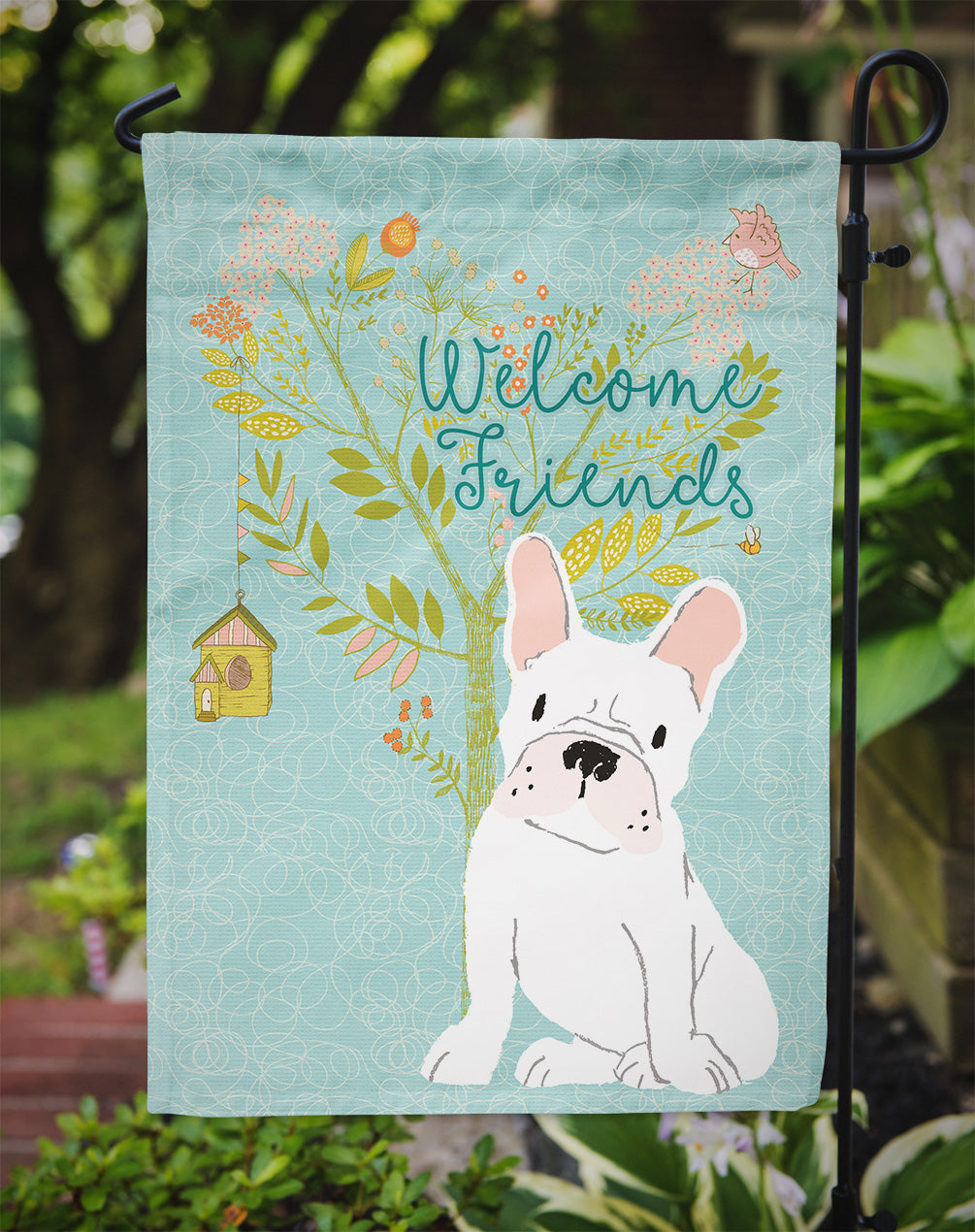 Welcome Friends White French Bulldog Flag Garden Size BB7635GF  the-store.com.
