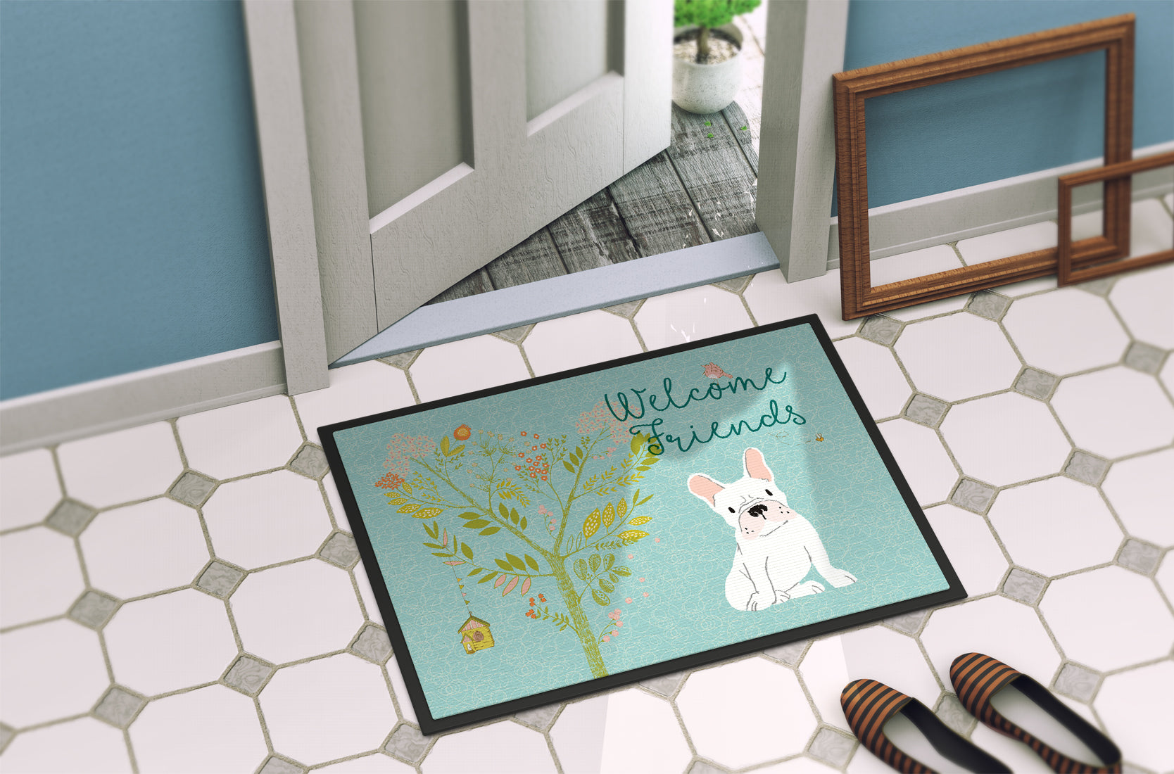 Welcome Friends White French Bulldog Indoor or Outdoor Mat 18x27 BB7635MAT - the-store.com