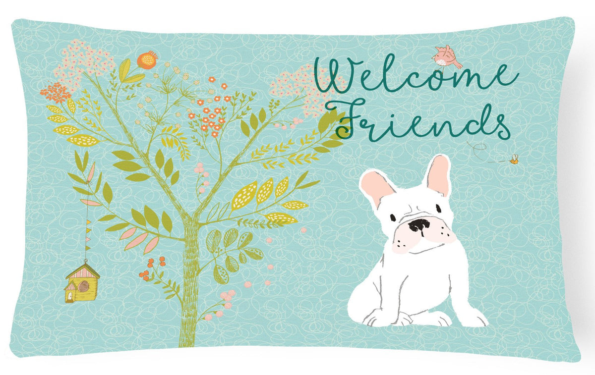 Welcome Friends White French Bulldog Canvas Fabric Decorative Pillow BB7635PW1216 by Caroline&#39;s Treasures