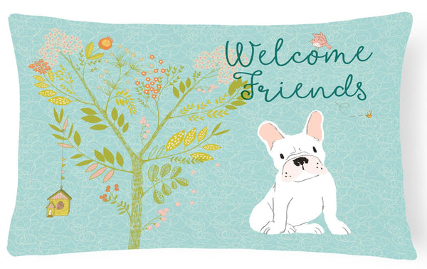Welcome Friends White French Bulldog Canvas Fabric Decorative Pillow BB7635PW1216 by Caroline's Treasures