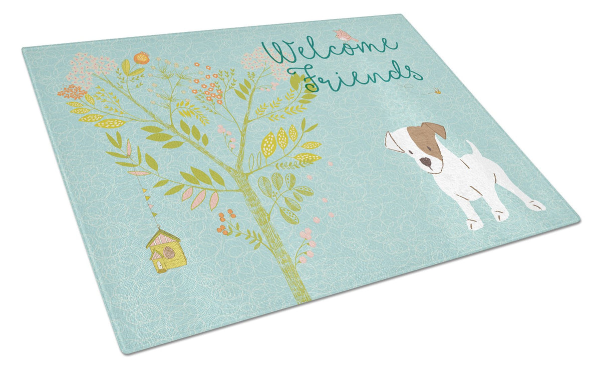 Welcome Friends Jack Russell Terrier Puppy Glass Cutting Board Large BB7637LCB by Caroline&#39;s Treasures