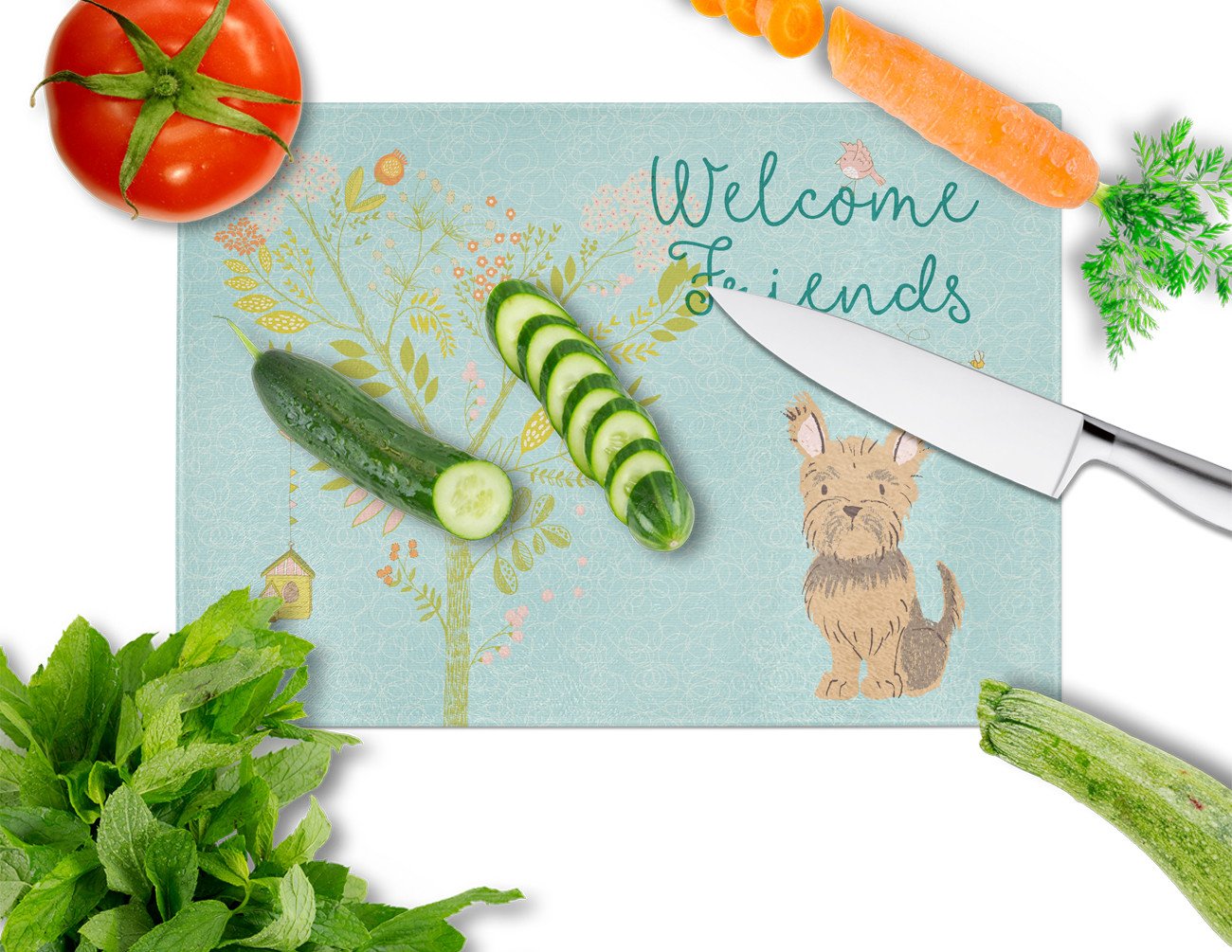 Welcome Friends Yorkie Glass Cutting Board Large BB7641LCB by Caroline's Treasures
