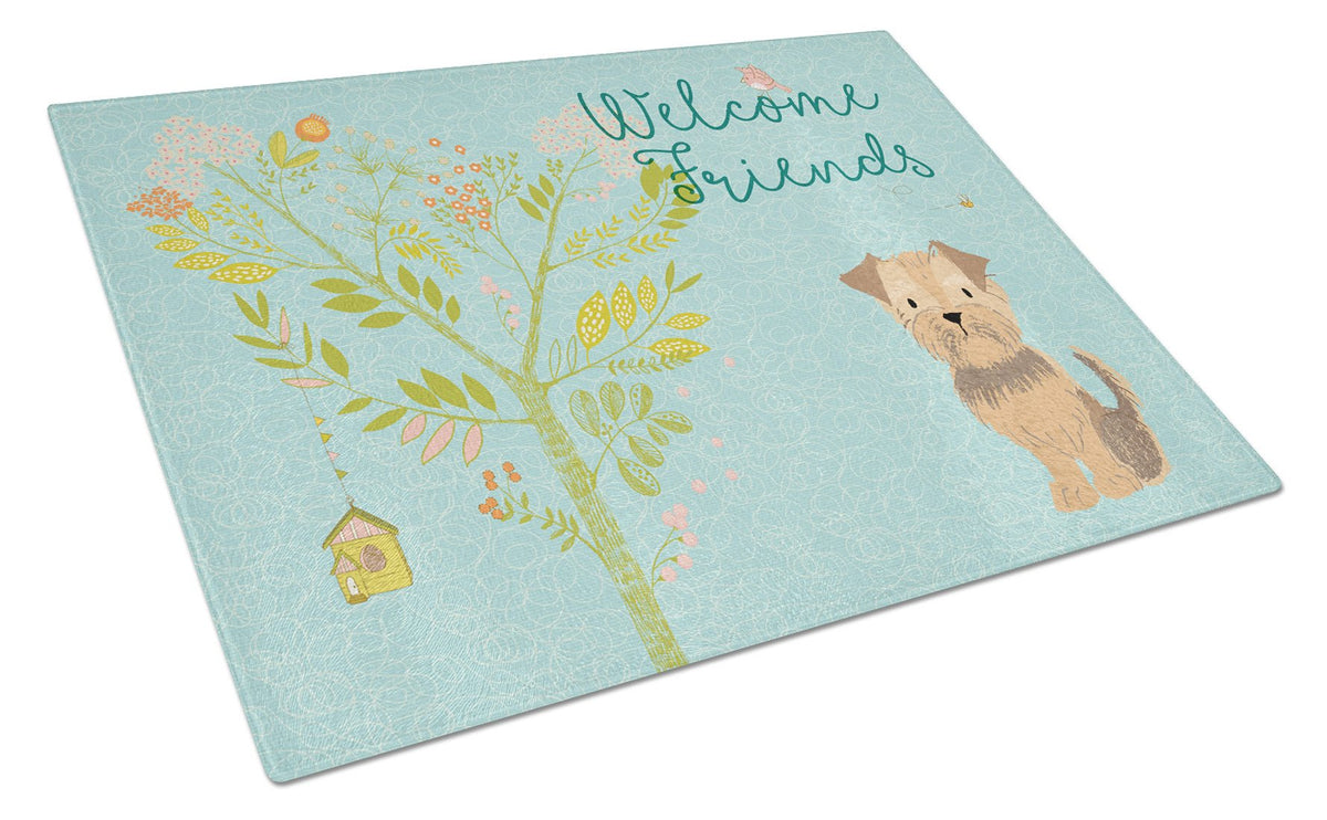 Welcome Friends Yorkie Natural Ears Glass Cutting Board Large BB7642LCB by Caroline&#39;s Treasures