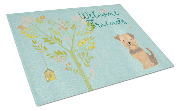 Welcome Friends Yorkie Natural Ears Glass Cutting Board Large BB7642LCB by Caroline's Treasures