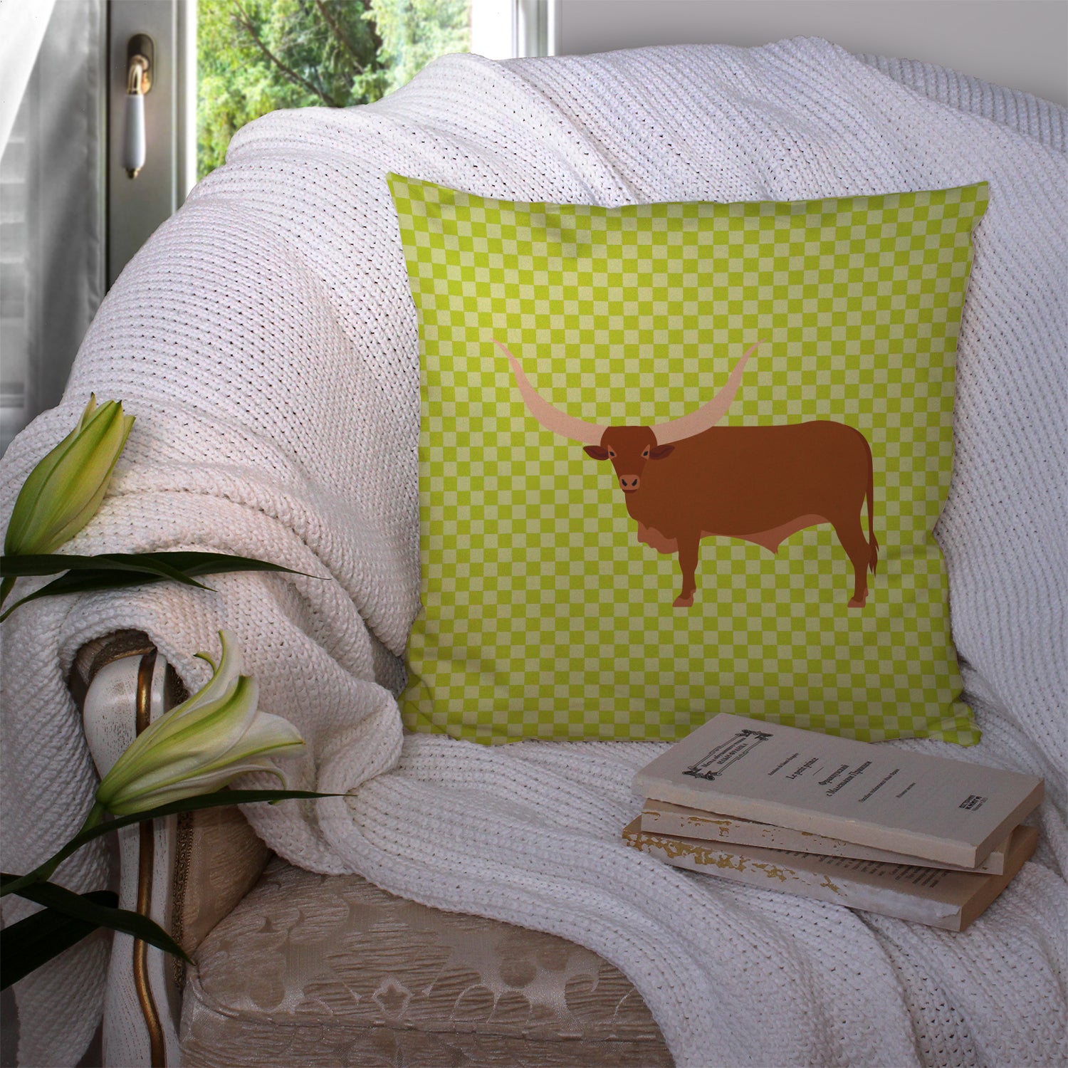 Ankole-Watusu Cow Green Fabric Decorative Pillow BB7649PW1414 - the-store.com