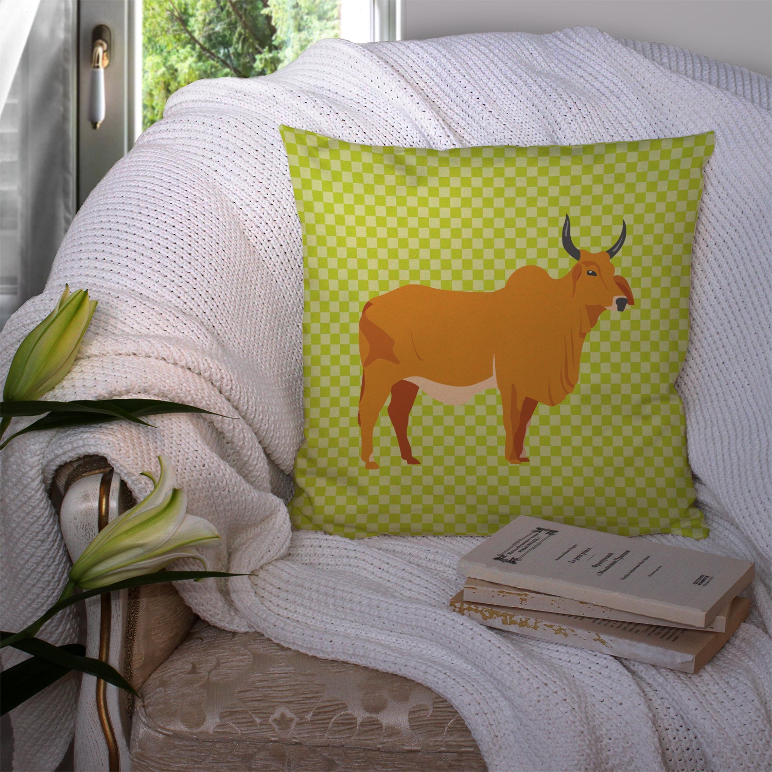 Zebu Indicine Cow Green Fabric Decorative Pillow BB7651PW1414 - the-store.com