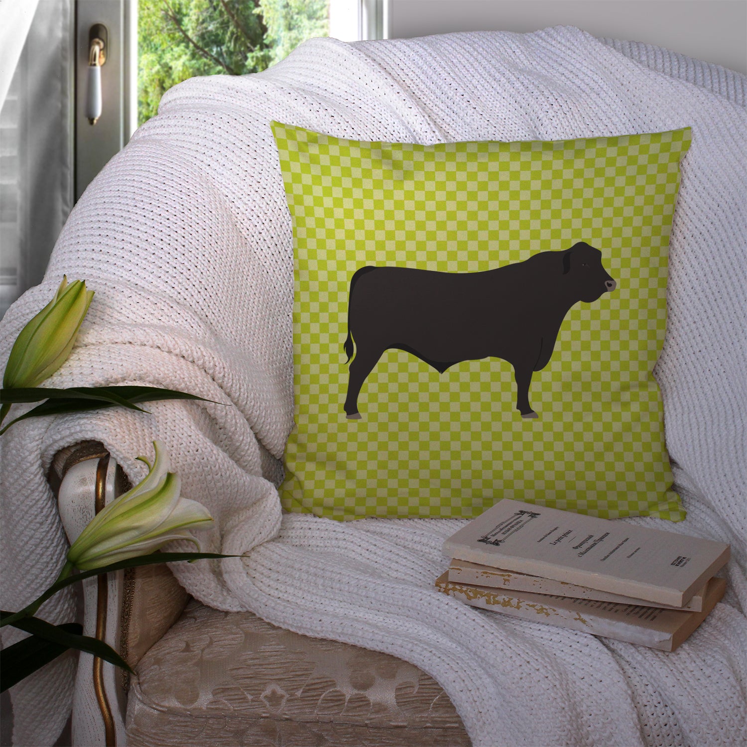 Black Angus Cow Green Fabric Decorative Pillow BB7654PW1414 - the-store.com