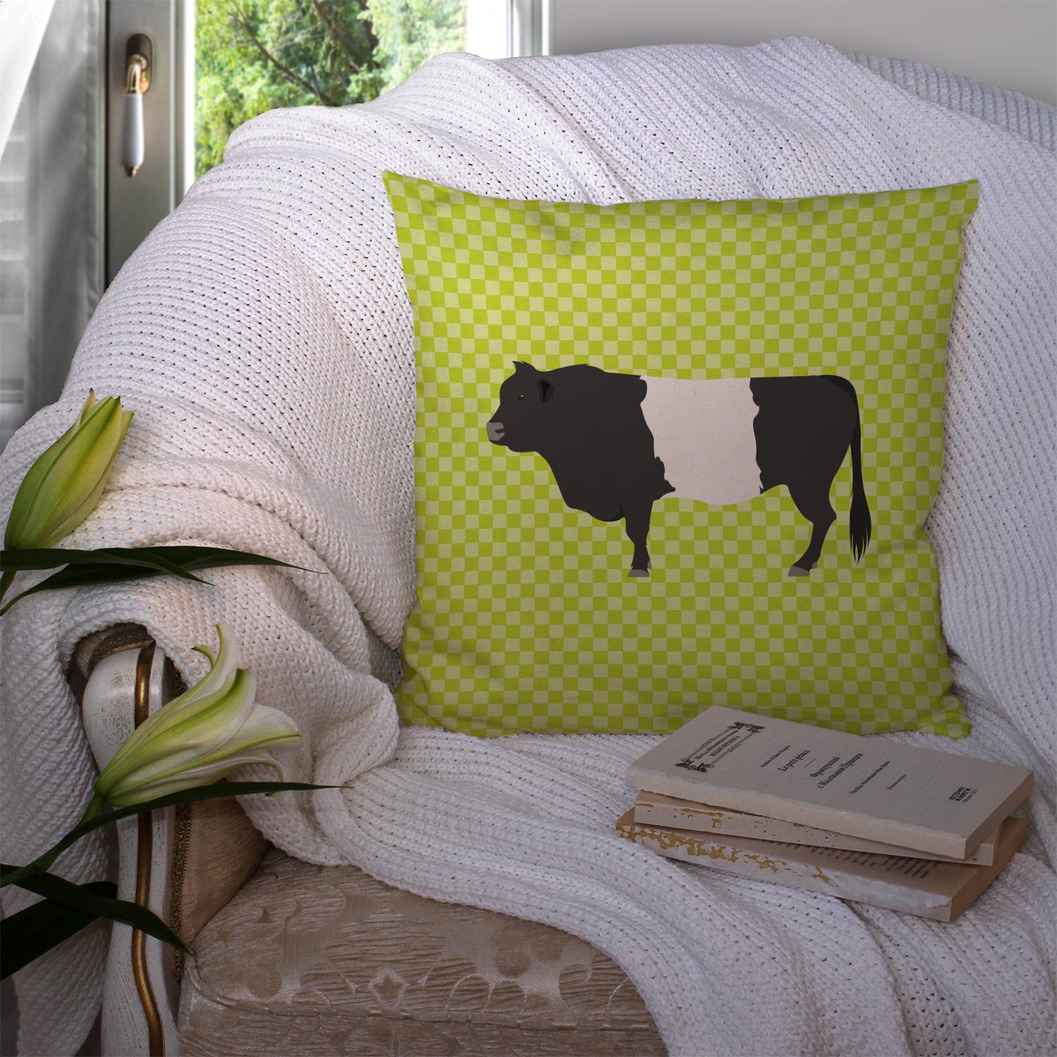 Belted Galloway Cow Green Fabric Decorative Pillow BB7657PW1414 - the-store.com