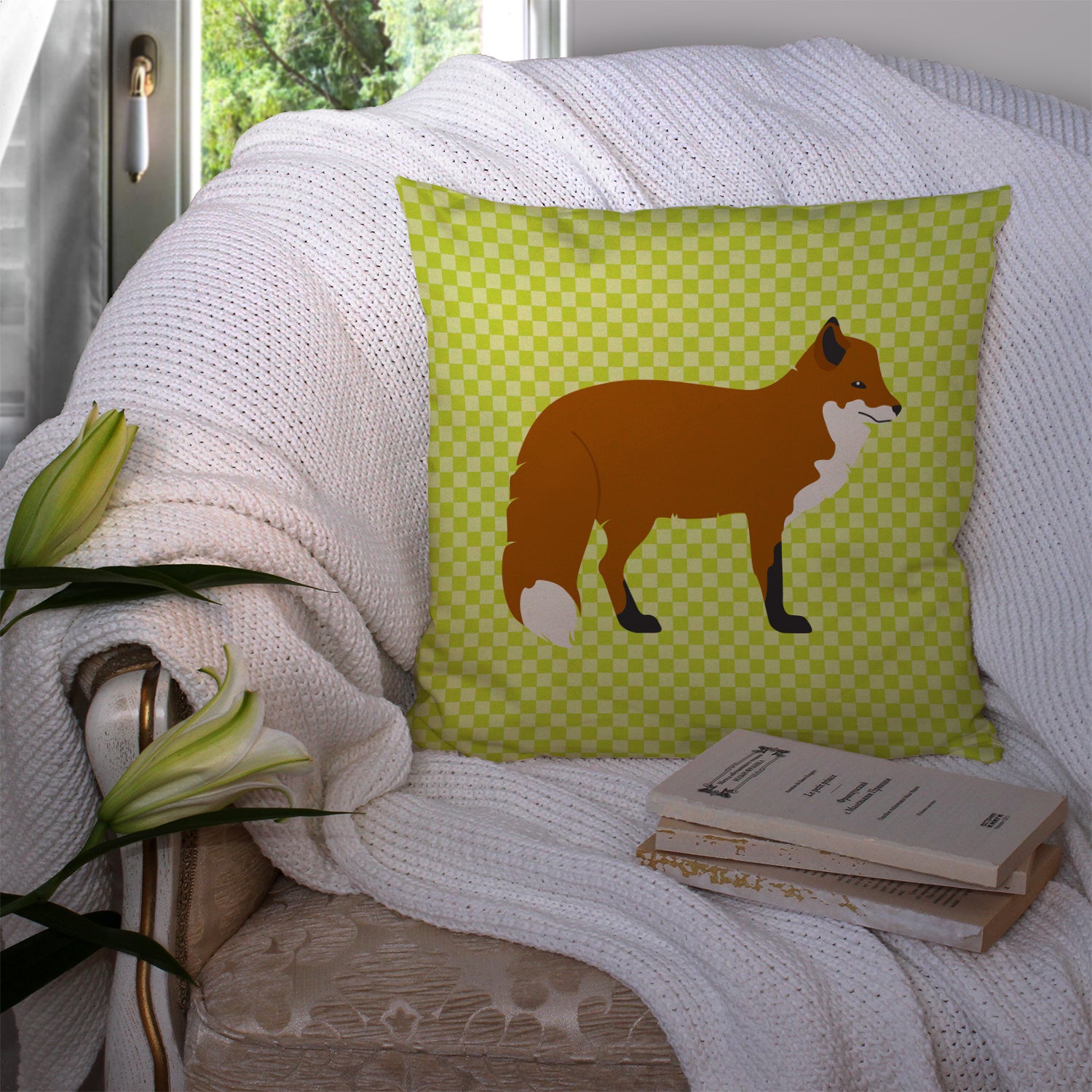 Red Fox Green Fabric Decorative Pillow BB7702PW1414 - the-store.com