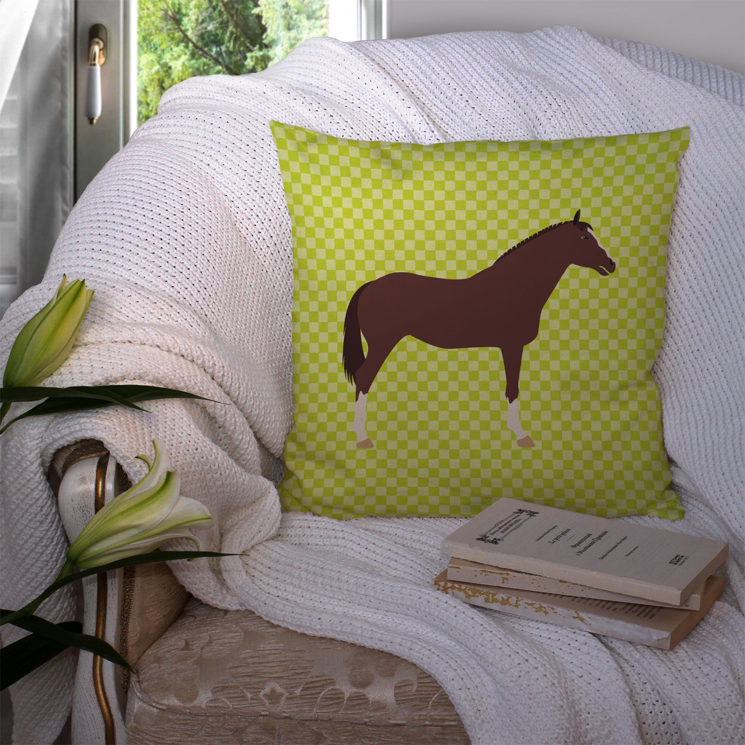 English Thoroughbred Horse Green Fabric Decorative Pillow BB7739PW1414 - the-store.com