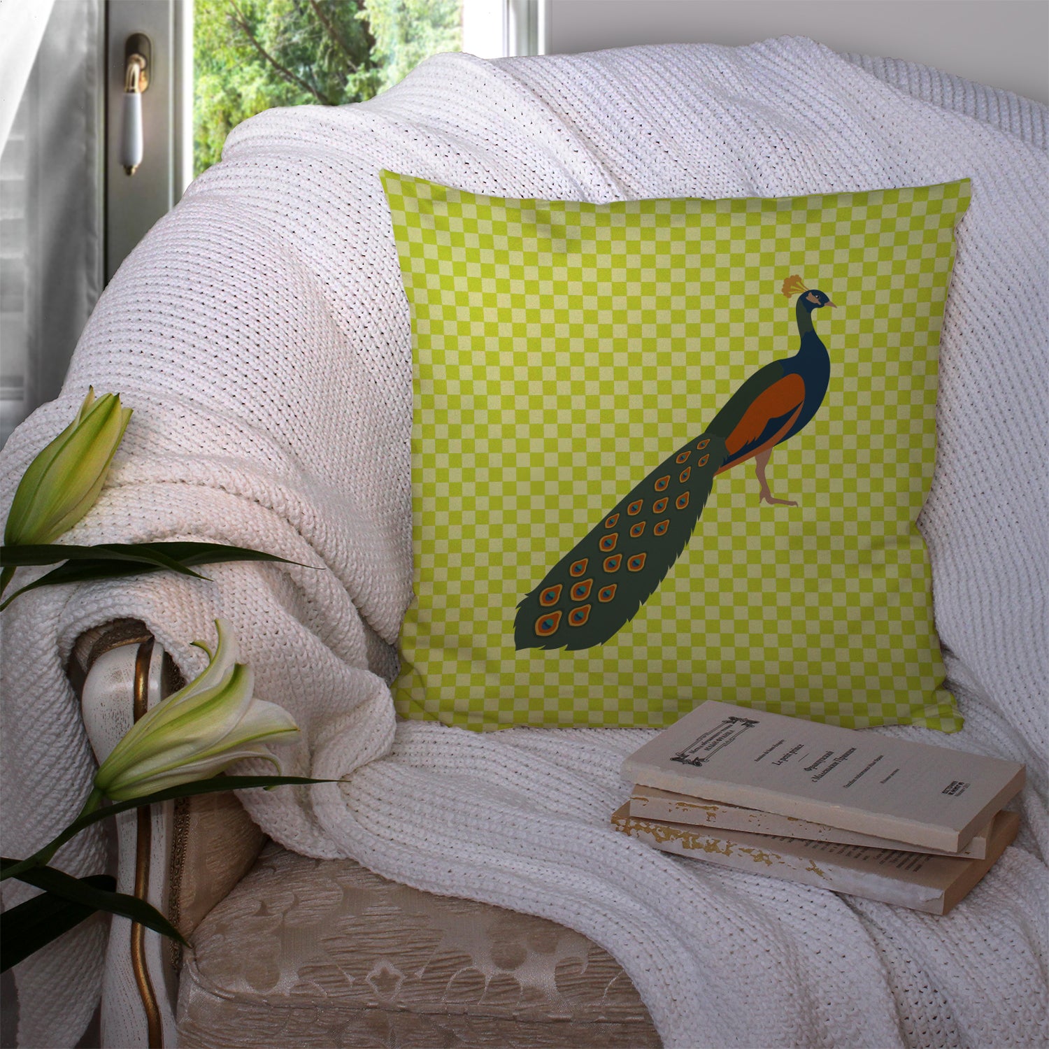 Indian Peacock Peafowl Green Fabric Decorative Pillow BB7751PW1414 - the-store.com