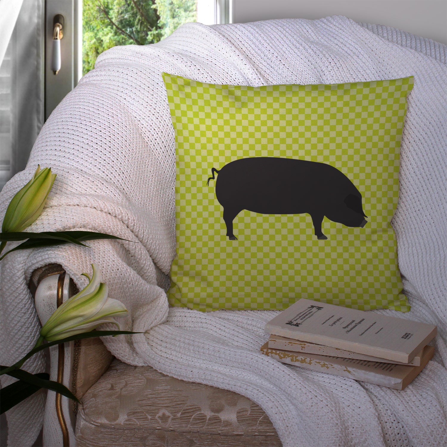 Devon Large Black Pig Green Fabric Decorative Pillow BB7757PW1414 - the-store.com