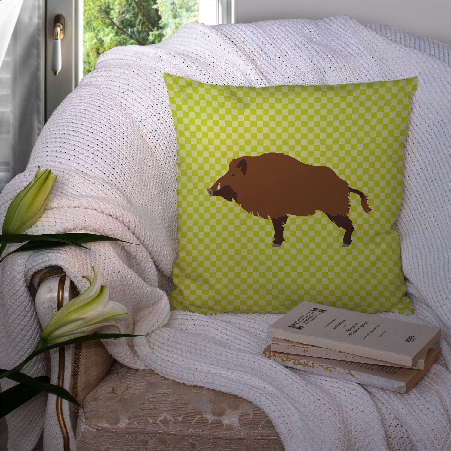 Wild Boar Pig Green Fabric Decorative Pillow BB7762PW1414 - the-store.com