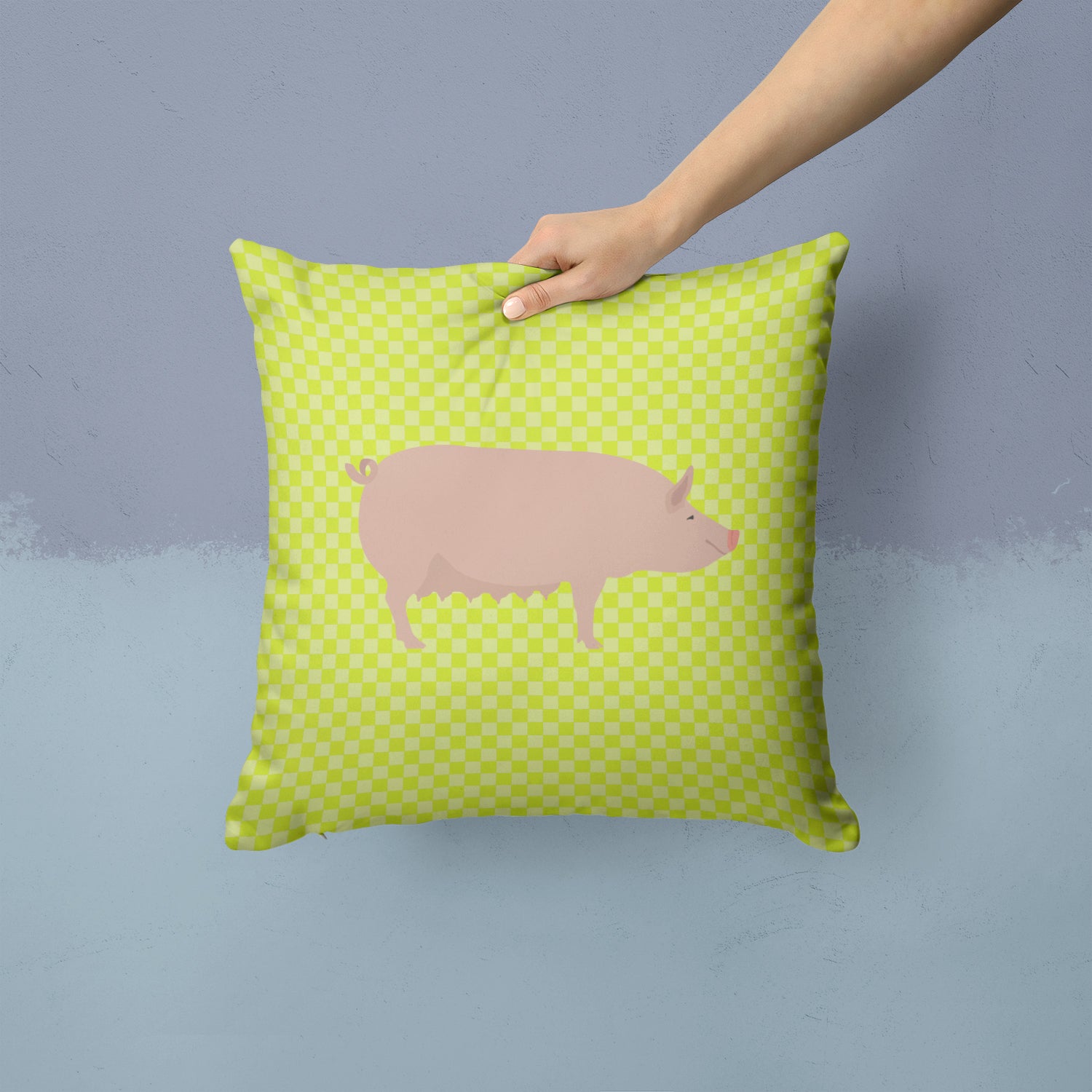 English Large White Pig Green Fabric Decorative Pillow BB7764PW1414 - the-store.com
