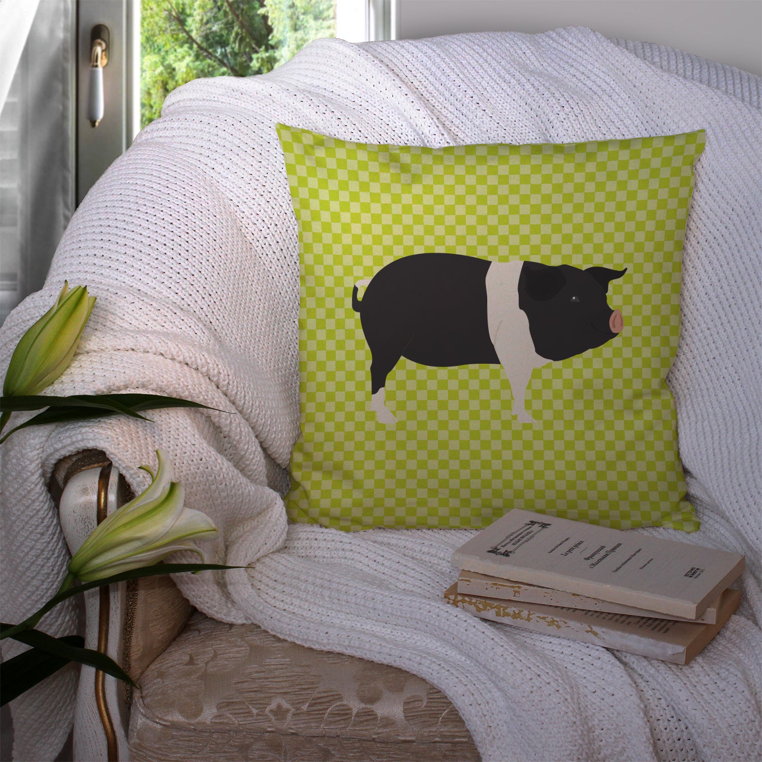 Hampshire Pig Green Fabric Decorative Pillow BB7765PW1414 - the-store.com