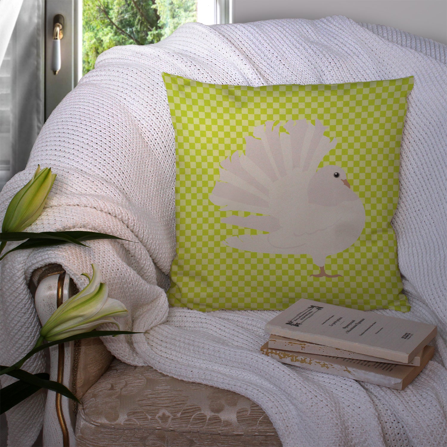 Silver Fantail Pigeon Green Fabric Decorative Pillow BB7776PW1414 - the-store.com