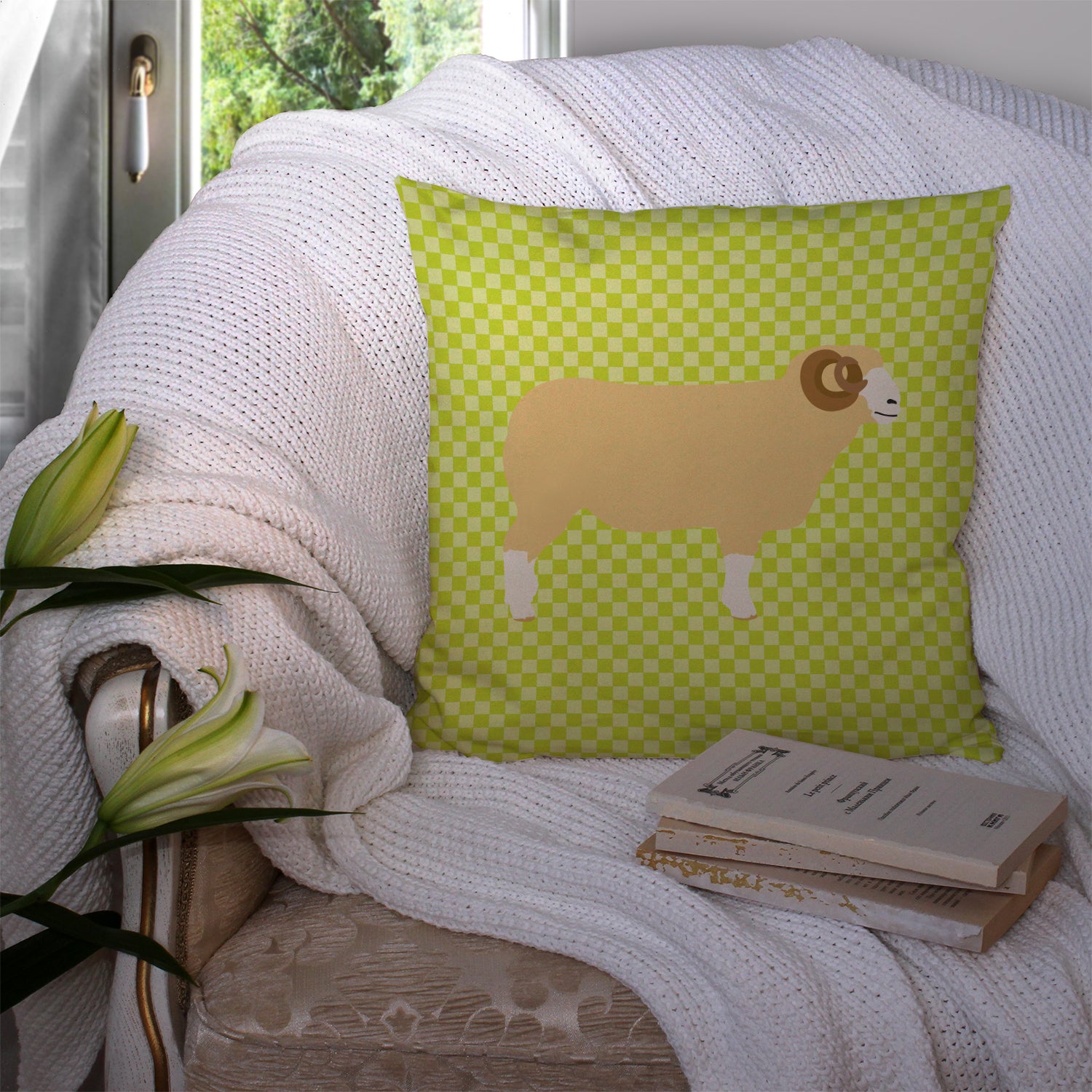 Horned Dorset Sheep Green Fabric Decorative Pillow BB7806PW1414 - the-store.com