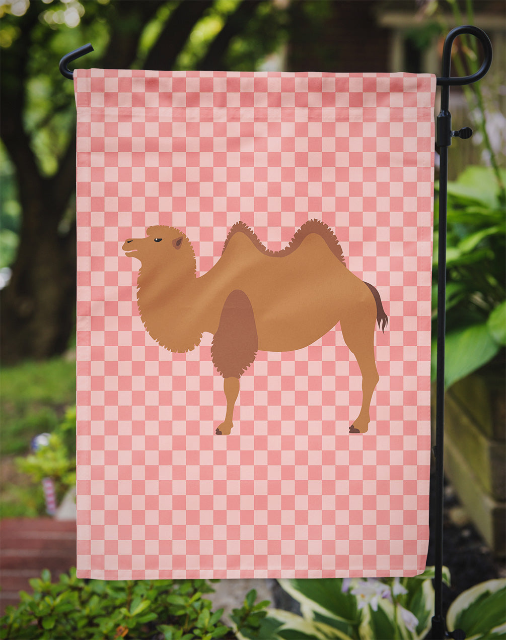 Bactrian Camel Pink Check Flag Garden Size  the-store.com.