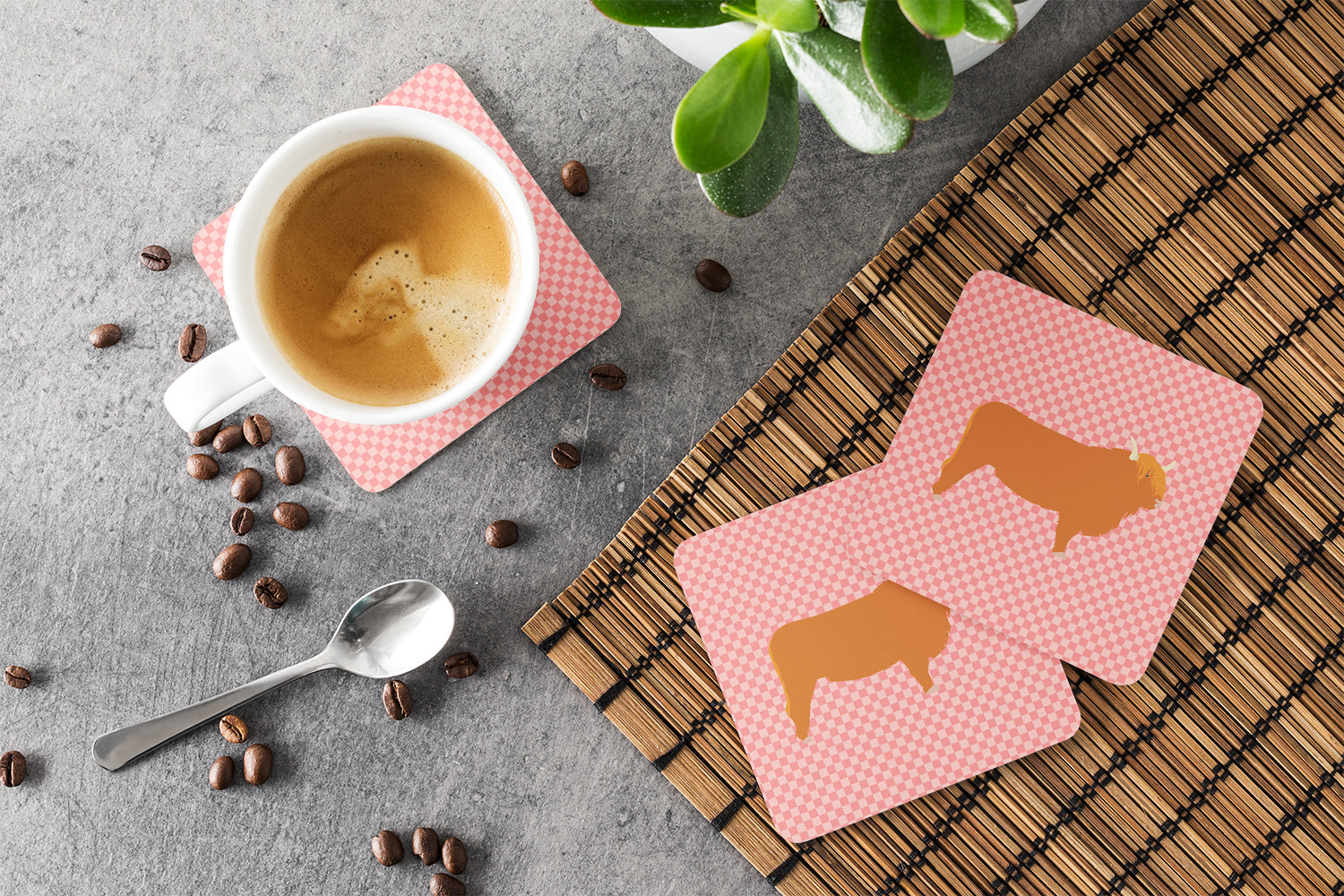 Highland Cow Pink Check Foam Coaster Set of 4 BB7820FC - the-store.com