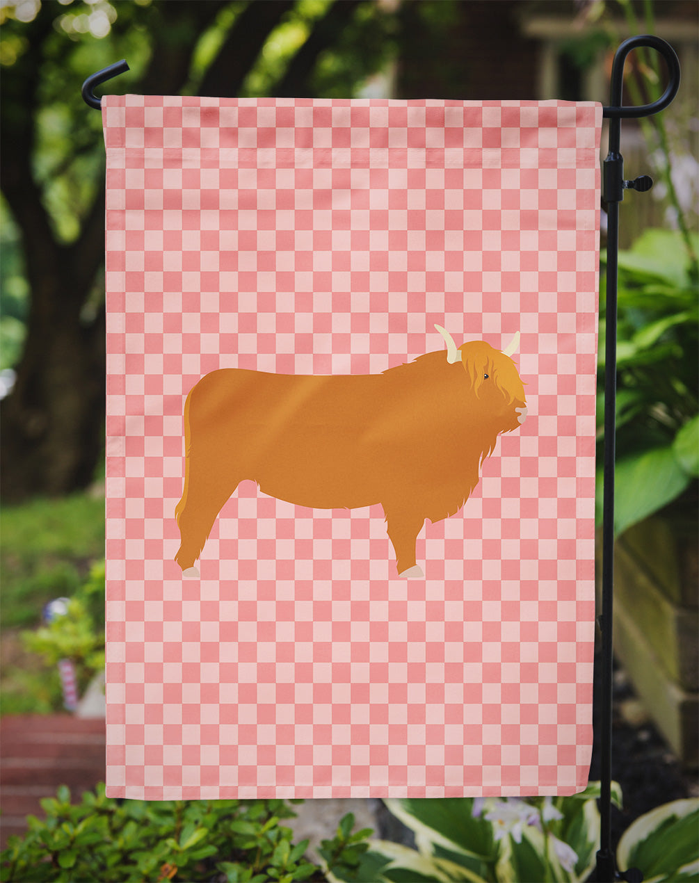 Highland Cow Pink Check Flag Garden Size  the-store.com.