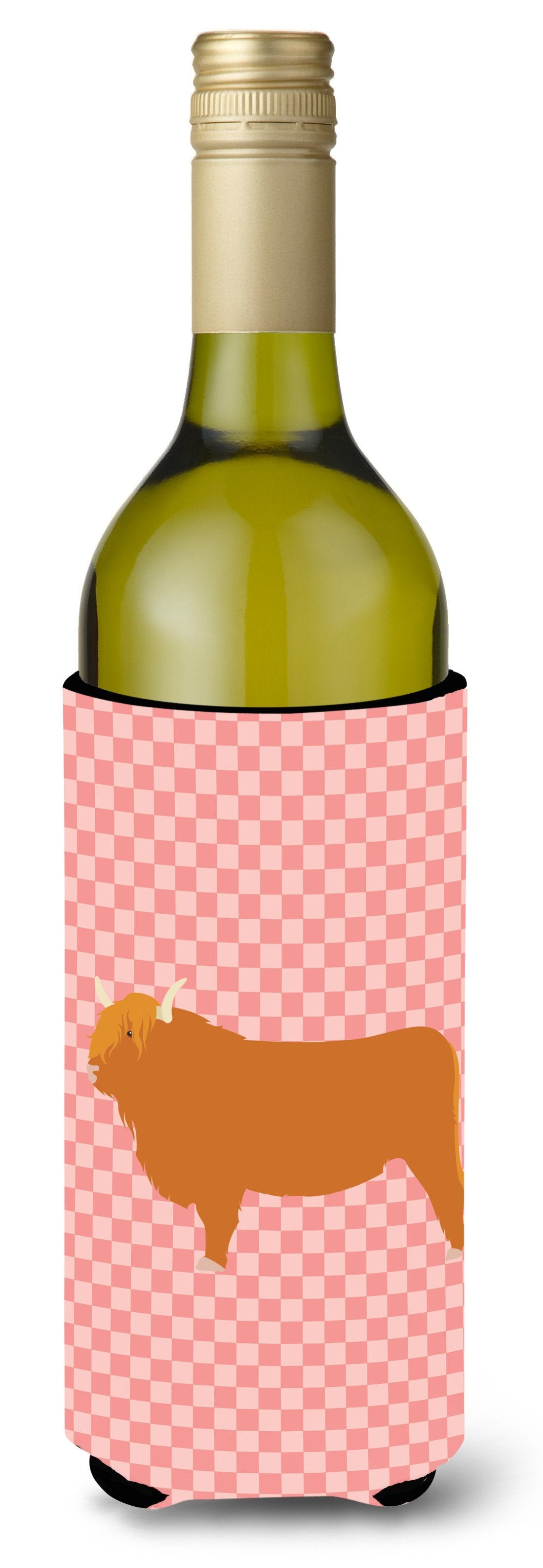 Highland Cow Pink Check Wine Bottle Beverge Insulator Hugger BB7820LITERK by Caroline&#39;s Treasures