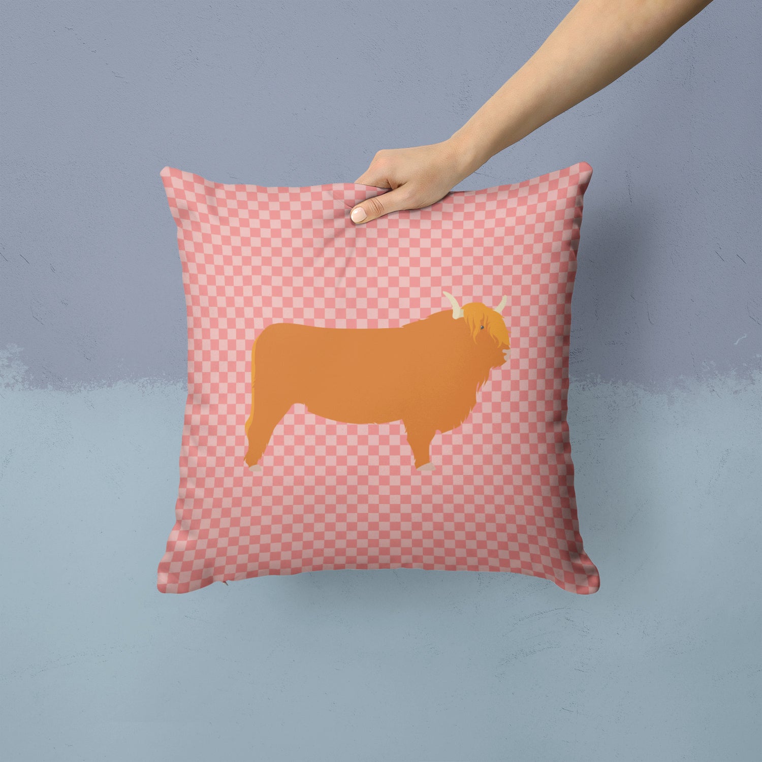 Highland Cow Pink Check Fabric Decorative Pillow BB7820PW1414 - the-store.com