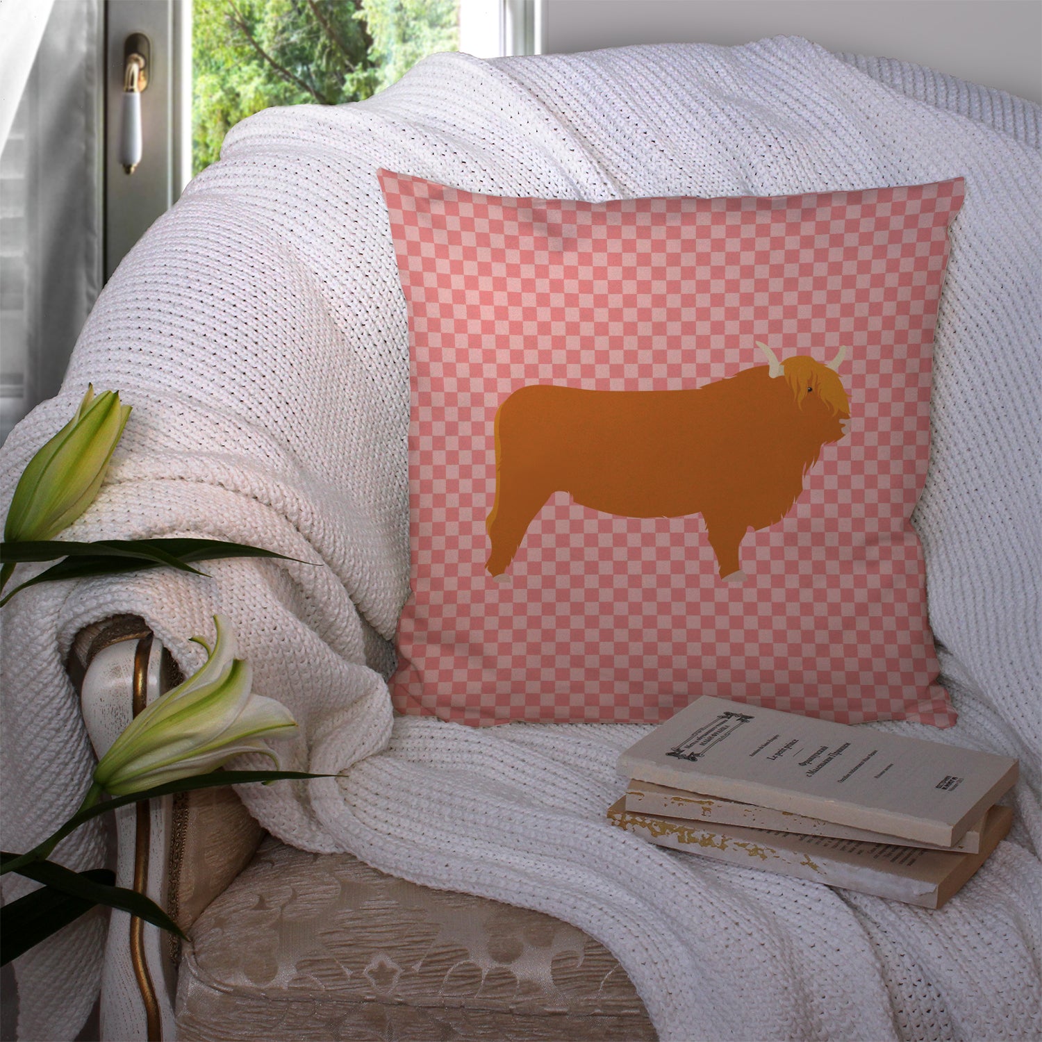 Highland Cow Pink Check Fabric Decorative Pillow BB7820PW1414 - the-store.com